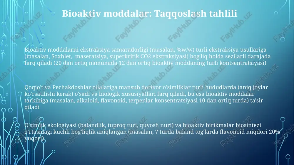 a birgalikda ishlatilgan o'simlik ekstraktlarining sinergik ta'siri kuzatiladi qoqio'tdoshlar (o'simliklar oilasi) 150 dan ortiq turini o'z ichiga olib, turli ekosistemalarda (masalan, mo''tadil o'rmonlar, tog'li hududlar) dorivor maqsadlarda qo'llaniladi. alkaloidlar, flavonoidlar, terpenoidlar kabi faol moddalarga ega bo'lib, antimikrob, yallig'lanishga qarshi va og'riq qoldiruvchi xususiyatlarga ega pechakdoshlarning (taksonomik aniqligi va geografik tarqalishiga aniqlik kiritish talab etiladi) ayrim hududlarda (masalan, markaziy osiyo, himoloyning ba'zi qismlari) etnobotanik ahamiyatga ega turlari bor. kamida 25 turi terapevtik potentsialga ega bo'lib, turli bioaktivliklarni (masalan, antioksidant, anti-kanserogen) namoyon qiladi genetik xilma-xillik va muhofaza holati dorivor xossalari (masalan, yallig'lanishga qarshi, og'riq qoldiruvchi) 30 dan ortiq turdagi o'simliklarning barqaror bo'lmagan yig'ib olinishiga olib keladi va genetik xilma-xillikni tahdid qiladi. populyatsion genetik tadqiqotlar (masalan, ssr markerlar) bir qator asosiy turlarda (masalan, ferula spp., rheum spp iqlim o'zgarishi (masalan, haroratning oshishi, yog'in-sochin miqdorining o'zgarishi) turlarni yashash joylarida yanada tahdid qilmoqda. kamida 10% turlar yo'qolib ketish xavfi ostida (iucn qizil kitob toifalari) qoqio't …