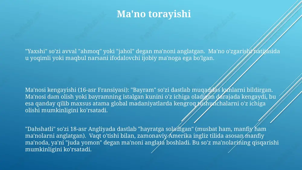 sh ("bayram" so'zi "muqaddas kun"dan), torayish ("go'sht" so'zi "taom"dan), yaxshilanish ("nice") kabi jarayonlarni o'z ichiga oladi ma'no zaiflashuvi ("juda", "haqiqatdan ham" kabi kuchaytirgichlar), ko'plab tillarda vaqt o'tishi bilan ta'siri kamayishi, shuningdek, dastlab salbiy bo'lgan so'zlarning ma'nosi yaxshilanishi ("awful" so'zi avval "hayratga soladigan" degan ma'noni anglatgan) kabi misollar mavjud ma'no o'chishi so'z ma'nosining o'zgarishi (semantik siljish) so'z ma'nosining evolyutsiyasini anglatadi; masalan, lotincha "nescius" (jahol) so'zidan kelib chiqqan "nice" so'zi hozirda "yoqimli" degan ma'noni anglatadi. bu taxminan 700 yil davomida yevropada kuzatilgan til tarixida 180 graduslik to'liq o'zgarishni ko'rsatadi. mubolag'a va kinoya mubolag'a (giperbola), adabiyotda (masalan, "million marta aytdim!"), reklamalarda qo'llaniladigan haddan tashqari kattalashtirish usuli. litotesning teskarisi. so'z ma'nolarining vaqt o'tishi bilan o'zgarishi (masalan, "awful" so'zi avval "hayratga soladigan" degan ma'noni anglatgan) giperbola va litotaga sezilarli ta'sir ko'rsatadi litot, giperbolaga qarama-qarshi bo'lib, fikrni ta'kidlash uchun kamsitishlarni qo'llaydi (masalan, ajoyib ish uchun "yomon emas") semantik o'zgarishlar sabablari ma'no o'xshashlikka asoslangan holda o'zgaradi; "yorqin" …