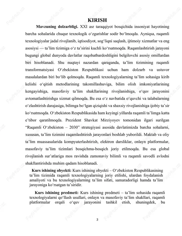 r orqali ta’lim olish. bu resurslar o‘quvchilarning mustaqil o‘rganish jarayonini yengillashtiradi. 3. raqamli platformalar – google classroom, moodle, edmodo, coursera, khan academy kabi ta’lim platformalari o‘quv dasturlarini yuritish, topshiriqlarni berish va natijalarni kuzatish imkonini beradi. 4. sun’iy intellekt texnologiyalari – shaxsiylashtirilgan ta’lim, avtomatik baholash, o‘quvchilarning o‘zlashtirish darajasini aniqlash va zarur tavsiyalar berish imkonini beradi. 5. kengaytirilgan va virtual haqiqat texnologiyalari (ar/vr) – fan, texnika, tibbiyot kabi murakkab sohalardagi mashg‘ulotlarni vizual ko‘rinishda o‘rgatish orqali o‘quvchilarning qiziqishi va tushunishini oshiradi. 6. gamifikatsiya (o‘yinlashtirish) – o‘quv jarayoniga o‘yin elementlarini kiritish orqali o‘quvchilarni rag‘batlantirish, ularni faol ishtirok etishga jalb qilish imkonini beradi.bu texnologiyalar ta’lim tizimini interaktiv, shaxsiylashtirilgan va qulay holatga keltirishda muhim o‘rin tutmoqda. ayniqsa, ta’limning barcha bosqichlarida (maktab, kollej, oliy ta’lim) raqamli yondashuvlarning joriy etilishi natijasida o‘qituvchilarning va o‘quvchilarning ish samaradorligi ortmoqda. raqamli texnologiyalar ta’lim sifatini oshirishda katta imkoniyatlar yaratadi. 1. shaxsiylashtirilgan o‘quv jarayoni – har bir o‘quvchi o‘zining bilim darajasi, qiziqishi va …
