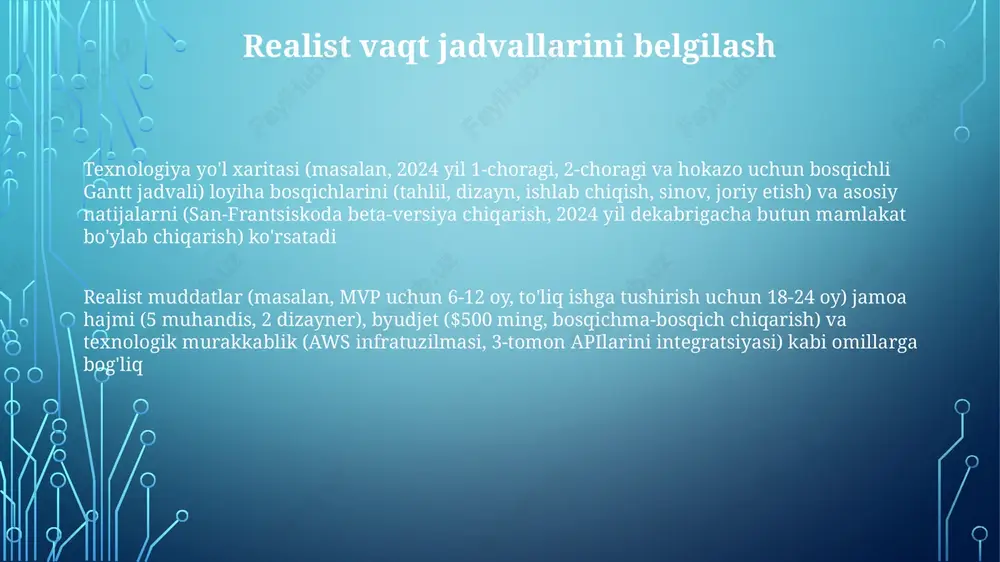 pac) saas joriy etish; byudjet: 15 million dollar; kpi: 2026 yil 4-choragigacha samaradorlikni 20% ga oshirish). muvaffaqiyatli prezentatsiyalar har bir tashabbus uchun roini aniqlaydi (masalan, x tashabbusi: 18 oy ichida 500 ming dollar investitsiya 2 million dollar daromad keltirdi; shimoliy amerika bozorida 10% o'sish kutilmoqda). texnologiya va biznes maqsadlarini uyg'unlashtirish avtomatizatsiya dasturi (masalan, uipath) londondagi ofisda qo'llanilgandan keyin operatsion samaradorlik 15% ga oshdi va nyu-yorkdagi ofis bilan solishtirganda mijozlar qo'llab-quvvatlash so'rovlari 5% ga kamaydi. bu texnologiyalarga investitsiya qilishning asosini mustahkamlaydi. loyiha jadvallari (gantt diagrammalari) va resurslar taqsimoti (5 dasturchi, 2 loyiha menejeri)ni ko'rsatuvchi vizualizatsiyalar (masalan, gantt jadvallari) texnologiya yo'l xaritasi prezentatsiyasida aniqlikni oshiradi fortune 500 kompaniyalari kabi korxonalar uchun strategik texnologiya yo'l xaritalari (str) it investitsiyalarini (masalan, bulut infratuzilmasiga 10 million dollardan ortiq) 3-5 yillik biznes maqsadlariga (masalan, shimoliy amerikada bozor ulushini 20% ga oshirish) moslashtirishni talab qiladi texnologiya bo'yicha tasavvuringizni belgilab olish e'tiboringiz uchun rahmat @taqdimot_robot image1.png image2.png image3.png …