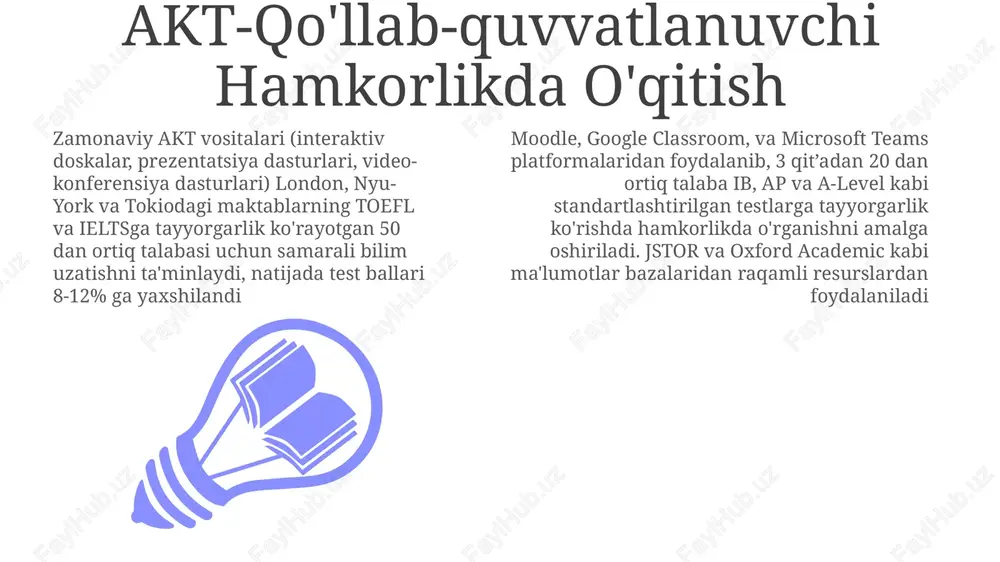 ishlash orqali xalqaro baholash dasturlariga tayyorgarlikni oshiradi. akt yordamida ma'lumotlar tahlili xalqaro baholash dasturlari uchun standartlashtirilgan protseduralarni ta'minlaydi, xavfsiz onlayn platformalar va hamkorlik vositalari (masalan, google workspace, microsoft teams) orqali ko'plab mamlakatlar (masalan, yevropa ittifoqi a'zolari, apec davlatlari) orasida shaffoflik va solishtirishni oshiradi va ma'lumotlar yaxlitligini mustahkamlaydi. raqamli savodxonlik ko'nikmalarini rivojlantirish raqamli savodxonlik, pisa va timss kabi global baholashda muhim bo'lib, microsoft office suite, google workspace dasturlari, onlayn tadqiqot (ma'lumotlar bazasi, jstor, eric), turli platformalarda (masalan, moodle, canvas) raqamli aloqa (elektron pochta, video konferentsiya) bo'yicha malakani talab qiladi xalqaro standartlashtirilgan testlar (sat, act)da raqamli ko'nikmalarni o'zlashtirish onlayn mashq resurslari (khan academy, college board), moslashuvchan o'rganish platformalari va ishonchli onlayn manbalardan tegishli ma'lumotlarni topishning samarali usullarini o'z ichiga oladi ma'lumotlarni xavfsiz boshqarish va maxfiylik zamonaviy akt infratuzilmasi (aws govcloud, azure government kabi bulut platformalari) vakolatli baholashchilar (masalan, parijdagi yxh shtab-kvartirasi, milliy ta'lim vazirliklari) uchun ma'lumotlarga kirishni ta'minlaydi xalqaro pisa, timss va …