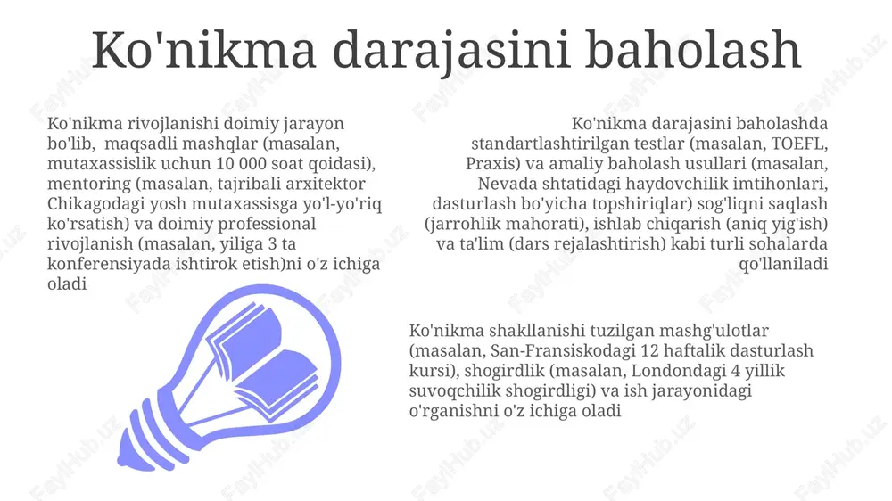arq qiladi (masalan, moskvadagi grossmeysterlar va havaskor o'yinchilarni taqqoslash) ko'nikma o'zlashtirishdagi individual farqlar (kf) o'rganish traektoriyasiga sezilarli ta'sir ko'rsatadi; genetik moyillik (masalan, london taksichilikda navigatsiya ko'nikmasini rivojlantirishga ta'sir qiluvchi fazoviy fikrlash qobiliyati) va nevrologik omillar (masalan, vena'da skripkani o'zlashtirgan musiqachilarning miya plastisisligi) muhim rol o'ynaydi ko'nikmalarni o'tkazish va umumlashtirish ko'nikma uzatish (masalan, mexanikdan avtomatik mashinaga o'tish) ikki kontekstda umumiy xususiyatlarni (masalan, rulni boshqarish, tormozlash, tezlashtirish) aniqlashga bog'liq; umumlashtirish yangi vaziyatlarga moslashuvchanlikni yaxshilaydi (masalan, vermontda va kaliforniyada qorli sharoitda haydash) ko'nikma shakllanishi maqsadli mashqlar (masalan, berlin shahrida skripkada 10 000 soat mashq qilish) orqali avtomatlashuvga (masalan, daqiqasiga 60 so'z yozish) olib keladi va kognitiv yukga ta'sir qiladi. bosqichlar: kognitiv, assotsiativ va avtonom. rivojlanish yillar davom etadi. genetika (masalan, musiqa qobiliyatiga moyillik), atrof-muhit (masalan, londondagi sifatli sport murabbiyligi) va motivatsiya (masalan, silikon vodiysida dasturlashni o'zlashtirishdagi ichki va tashqi motivatsiya) kabi omillar ko'nikmalar rivojiga ta'sir qiladi. samaradorlikni oshirish va turg'unlikni yengishda fikr-mulohazalar juda …