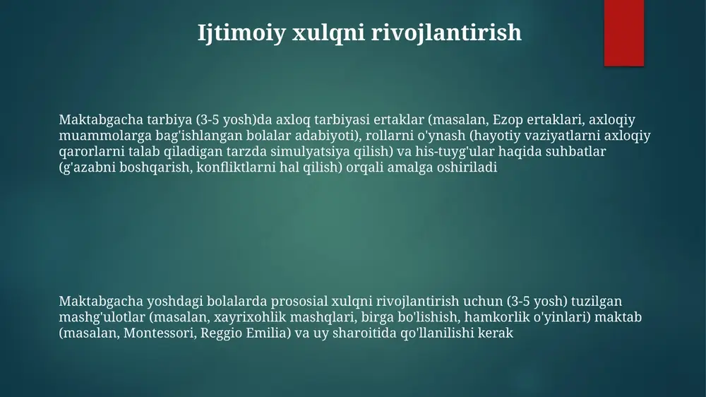 loq tarbiyasi hikoyalar (masalan, ertaklar, mehribonlik, halollikni aks ettiruvchi rasmlar bilan bezatilgan kitoblar) orqali shaxsni rivojlantirishga va ijtimoiy foydali xulq-atvorni rag'batlantiruvchi o'yinlarga (masalan, boshqalarga yordam berish, 4-5 bola orasida mojarolarni hal qilish) urg'u beradi maktabgacha yoshdagi bolalarning axloqiy rivojlanishini baholash ularning o'yinlardagi (masalan, o'rtoqlashish, navbat kutish, mojaroni hal qilish), tarbiyachi bilan o'zaro munosabatlarida va tuzilgan mashg'ulotlarda (masalan, axloqiy muammolarni aks ettiruvchi qo'g'irchoq tomoshalari) kuzatishni o'z ichiga oladi maktabgacha ta'lim (3-5 yosh)da ijtimoiy-emotsional o'rganish (iio) o'zini o'zi tarbiyalash (masalan, his-tuyg'ularni boshqarish, impulslarni nazorat qilish), ijtimoiy ko'nikmalar (masalan, 2-3 tengdosh bilan muloqotda hamkorlik, hamdardlik) va mas'uliyatli qaror qabul qilish (masalan, o'yinchoqlarni sinfda baham ko'rish) ga qaratilgan ota-onalar va oilalar bilan hamkorlik oylik xabarnomalar va onlayn portallar (classdojo, seesaw) orqali o'quv dasturi (masalan, axloq tarbiyasi darslari), sinf faoliyatlari (bo'lishish, konfliktlarni hal qilish bo'yicha muhokamalar) va yaqinlashib kelayotgan tadbirlar (oilaviy o'yin kechasi, ko'ngillilik imkoniyatlari) haqida ma'lumotlar taqdim etiladi ota-onalar va o'qituvchilar uchrashuvlari (yiliga 2-3 …
