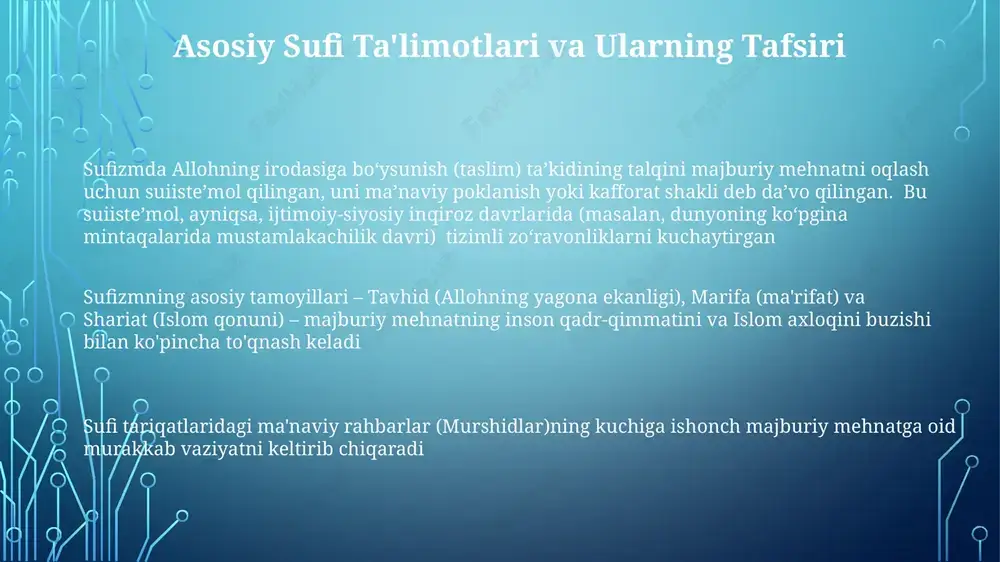 ri ichidagi majburiy din o'zgartirish haqidagi bahslar) bog'liq bo'lib, ko'pincha axloqiy me'yorlar va inson huquqlari normalarini e'tiborsiz qoldiradi din peshvolariga itoat qilishni ta'kidlovchi e'tiqod tizimlari (masalan, qur'ondagi qullik haqidagi oyatlar, hadisdagi shartnoma asosidagi mehnat haqidagi ma'lumotlar) jahon bo'ylab majburiy mehnat amaliyotlarini qonuniylashtirish uchun manipulyatsiya qilingan (masalan, 19-asr mustamlakachilik konteksti, hozirgi zamon ko'plab mamlakatlardagi ekspluatatsiya, millionlab odamlarga ta'sir qiladi) zamonaviy munosabatlar va himoya harakatlari sufi tariqatlardagi e’tiqod tizimlari, taqvodorlik va ruhiy ustozlarga (pir/shayxlara) itoatni ta’kidlab, ekspluatatsiyaga moyillikni keltirib chiqaradi majbur mehnatning tarixiy konteksti din vakolatining mehnatni nazorat qilishda qo'llanilishi majburiy mehnatning zamonaviy ko'rinishlari janubiy osiyodagi (pokiston, hindiston) sufi tariqatlarida zamonaviy majburiy mehnat (masalan, 2022 yilda global miqyosda 50 000 dan ortiq jabrlanuvchi) diniy e'tiqodlardan foydalanib, ruhiy hokimiyatni nazorat qilish uchun ishlatadi; qarzga bog'liqlik, tahdidlar va jismoniy zo'ravonlik keng tarqalgan janubiy-sharqiy osiyo (masalan, myanma, tayland)da baliqchilik va qishloq xo'jaligida majburiy mehnat kuzatiladi; diniy manipulyatsiya (buddizm va boshqa dinlar) ish beruvchilar/odam savdogarlari tomonidan …