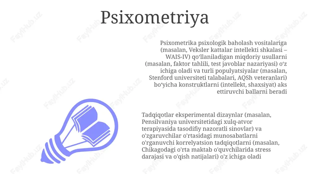 maktablar kabi haqiqiy sharoitlarda ijtimoiy vaziyatlarni manipulyatsiya qilish kabi eksperimental dizaynlar qo'llaniladi shaxsiyat psixologiyasi tadqiqotlari neo pi-r inventarlari orqali baholanadigan besh katta omil (ochiqlik, vijdonlilik, ekstraversiya, kelishuvchanlik, neyrotizm) kabi metodlarni turli joylarda (masalan, stenford universiteti, london, pekin) qo'llaydi ijobiy psixologiya rivojlanish psixologiyasi axloqiy jihatlar eng muhim: xabardor rozilik (ota-onalar/ishtirokchilardan), bolaning farovonligini ta'minlash (xatarlarni kamaytirish, foydalarni oshirish, maxfiylikni himoya qilish), tadqiqotdan keyin ishtirokchilar bilan suhbat kognitiv psixologiya kompyuter modellashtirish (masalan, act-r, konneksionist modellari) koʻrish qidiruv vazifalari (masalan, 1-20 chalgʻituvchi orasidan maqsadni aniqlash) boʻyicha tajribalardan olingan xulq-atvor ma’lumotlarini (masalan, javob aniqligi, reaksiya vaqti) bashorat qilish uchun parametrlarni (masalan, ishlov berish tezligi, xotira hajmi) ishlatib, kognitiv jarayonlarni simulyatsiya qiladi miya maxsus tadqiqotlar (masalan, leyptsigdagi maks plank inson kognitiv va miya fanlari institutida) fmri yordamida xotira, e'tibor va tilni qayta ishlash jarayonlarini o'rganadi. kantitativ psixologiya add text add text add text add text add text add text kvantitativ psixologiya turli populyatsiyalar (masalan, stanford universiteti …