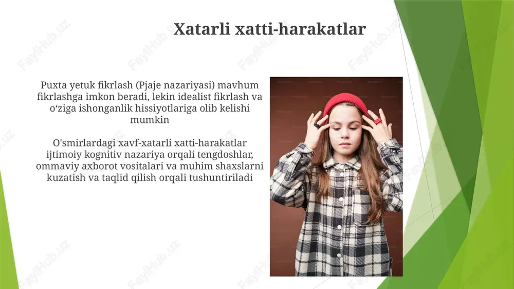 larning kuchayishi, kayfiyat o'zgarishi va xavf-xatarli xatti-harakatlarning ortishi bilan bog'liq kognitiv rivojlanish tengdosh munosabatlari 13-19 yosh orasida hissiyotni boshqarish (masalan, mojarolarni hal qilish) va empatiya rivojlanishi juda muhim (selman, 1980) psixologik rivojlanish (pyajeniyning rasmiy operatsion bosqichi) mavhum fikrlash va gipotetik mantiqni rivojlantiradi, ijtimoiy munosabatlarga ta'sir qiladi (masalan, london kabi xilma-xil maktab muhitida murakkab ijtimoiy dinamikani tushunish) e'tiboringiz uchun rahmat @taqdimot_robot image1.jpg image2.jpg image3.jpg image4.jpg image5.jpg image6.jpg image7.jpg image8.jpg image9.jpg image10.jpg image11.jpg image12.jpg