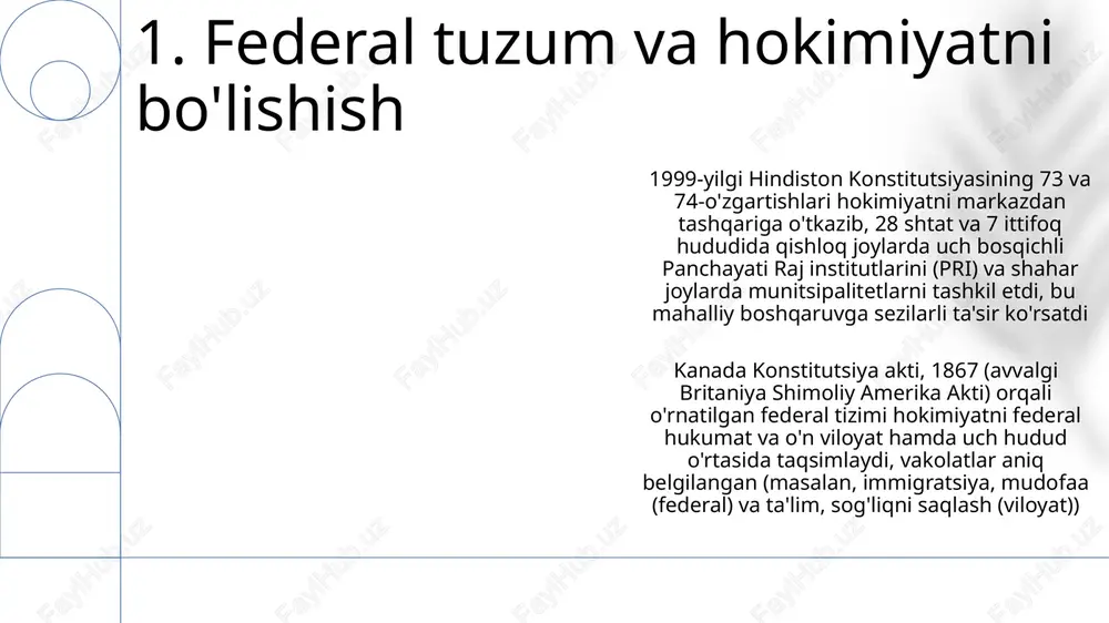 (qonun chiqaruvchi, ijro etuvchi, sud)ni o'rnatdi; huquqlar billasi (birinchi 10 o'zgartish, 1791) shaxsiy erkinliklarni himoya qiladi; oliy sud uni 50 shtatda qo'llashni talqin qiladi. 5. kirish so'zi va uning ahamiyati oliy sud (to'qqiz sudyadan iborat) konstitutsiyani talqin qilish huquqiga ega bo'lib, bu marburi va medison (1803) ishida o'rnatilgan sud nazorati orqali amalga oshiriladi. bu konstitutsiyaning printsiplarini zamonaviy sharoitlarga moslashtirish orqali uning moslashuvchanligiga hissa qo'shadi v-modda oʻzgartirish jarayonini bayon etadi: aqsh vakillar palatasi (435 a’zo) va senat (100 a’zo)da ikki uchdan ikki ovoz yoki ikki uchdan ikki (34) shtat qonun chiqaruvchi organlari chaqirgan konstitutsiyaviy konventsiya o'zgartirish jarayoni qasddan qiyinlashtirilgan, bu barqarorlikni ta'minlaydi va tez-tez o'zgarishlarning oldini oladi. biroq, jamiyatdagi sezilarli o'zgarishlar tuzatishni talab qiladi 6. o'zgartirish jarayoni va konstitutsiyaning moslashuvchanligi 2015 yildagi nepal konstitutsiyasi 77 ta tumanni qamrab olgan 753 ta mahalliy birlikka (shahar va qishloq tumanlariga) katta vakolatlarni berdi, mahalliy boshqaruvni sezilarli darajada o'zgartirdi, fuqarolarning ishtiroki va xizmat ko'rsatishni yaxshilovchi …