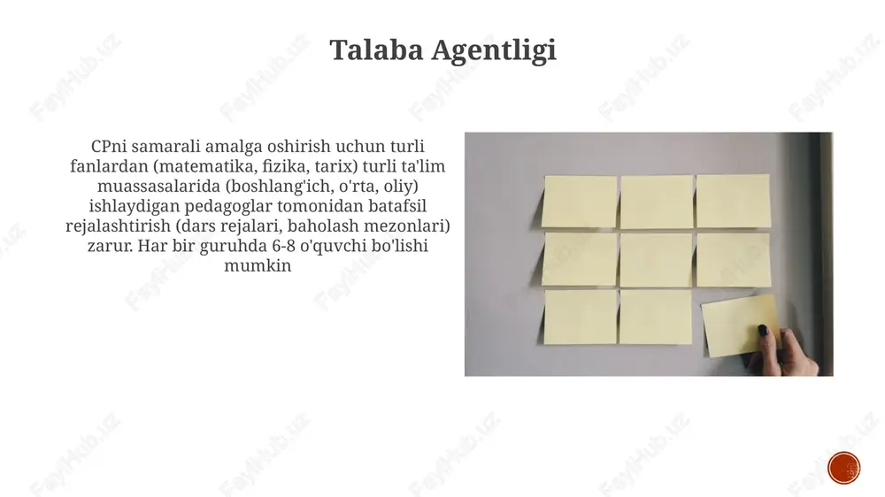 hitlarda rivojlanadi: 5 ta fan bo'yicha talabalar jalb etilish darajasi 30% ga (an'anaviy ma'ruza asosidagi darslarda 15% ga nisbatan) oshgan. muvaffaqiyatli hamkorlikda o'rganish tuzilgan mashg'ulotlarni talab qiladi; masalan, "jigsaw" usuli (aronson, 1978), 4-6 kishilik guruhlarda umumiy vazifalarni bajarish orqali texas universitetida o'tkazilgan tadqiqotlarda natijalarni 25-40% ga yaxshilashga (test ballari) va 70% talaba qoniqishini ta'minlashga yordam beradi. turli nuqtai nazarlar hamkorlikda o'rganishning kontseptual ramkalari (masalan, jonson va jonson modeli, slavinning tadqiqotlari) turli fanlardan (matematika, fan, gumanitar fanlar) 10 maktabdagi 200 dan ortiq o'quvchilarga ta'sir ko'rsatadigan tuzilgan guruh faoliyatining (masalan, jigsow, fikrlash-juftlash-bo'lishish) ahamiyatini ta'kidlaydi turli nuqtai nazarlar hamkorlikda o'rganish muhitini loyihalashda muhim rol o'ynaydi. masalan, madaniy jihatdan moslashgan o'qitish usullari talabalarning turli xil kelib chiqishlarini (ijtimoiy-iqtisodiy holati, millati, o'rganish uslublari) hisobga olib, 2 shahar maktabi va 5 qishloq tumanida talabalarning faolligini oshiradi mas'uliyatni birgalikda taqsimlash hamkorlik pedagogikasidagi umumiy mas'uliyat turli o'quv uslubidagi (vizual, auditor, kinestetik) o'quvchilardan tashkil topgan 3-5 kishilik guruhlarda faol …