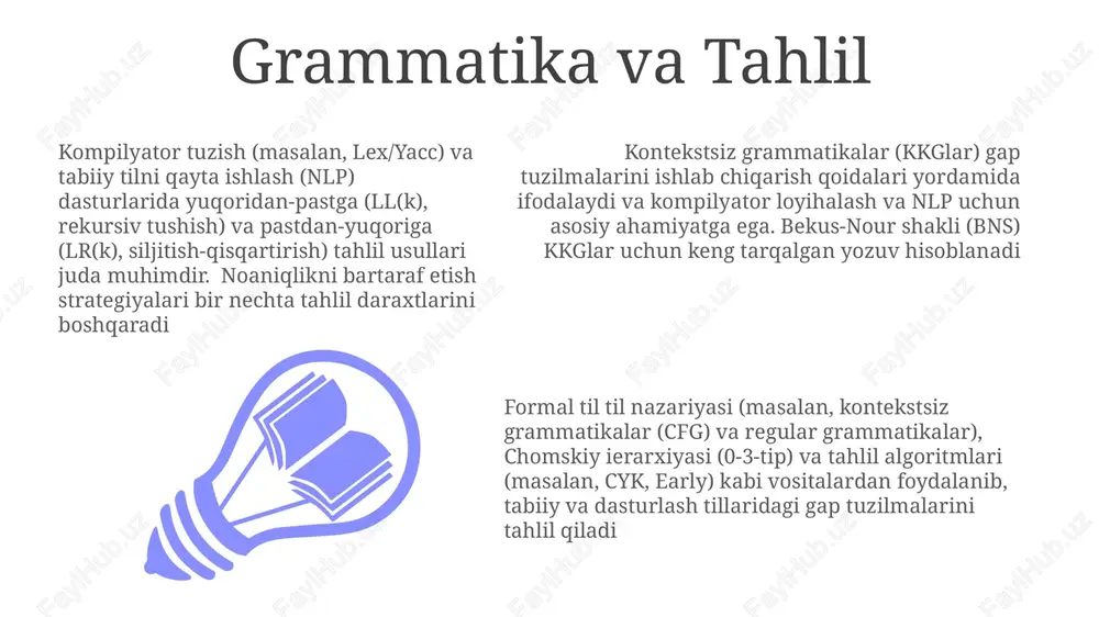 2, 3-tip; kontekstsiz grammatikalar, regular grammatikalar), avtomatlar nazariyasi (chekli avtomatlar, yigʻuvchi avtomatlar, tyuring mashinalari) va hisoblanish nazariyasi (qaror qilinuvchanlik, qaror qilinmaslik, church-tyuring tezis) hisoblash murakkabligi nazariyasi, muammolarni resurs sarfini (vaqt, xotira) hisobga olgan holda tasniflaydi va murakkablik sinflaridan (p, np, np-toʻliq) foydalanadi e'tiboringiz uchun rahmat @taqdimot_robot image1.jpeg image2.jpeg image3.jpeg