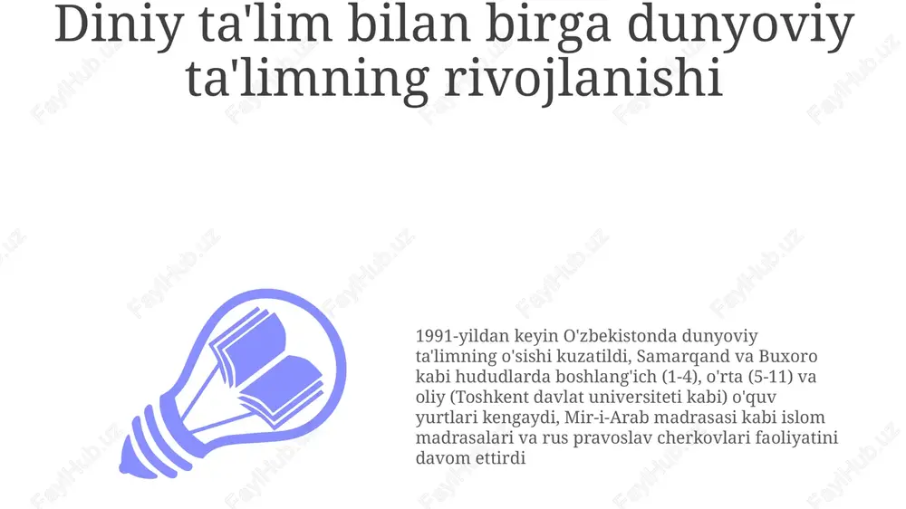 oraqalpog'istonda) mavjud madaniy va diniy tafovutlarni kuchaytirdi. madaniy merosni saqlash uchun cheklangan resurslar qadimgi an'analarga (sufizm, zardushtiylik ta'siri) ta'sir ko'rsatib, ko'plab jamoalarning ma'naviy rivojlanishiga putur yetkazdi hukumat tomonidan san'at va madaniyatni qo'llab-quvvatlash o'zbekistonning 1991-yildan keyingi mustaqilligidan so'ng, madaniy merosni saqlashga yiliga 1 milliard dollardan ortiq mablag' ajratildi (taxminan), 150 dan ortiq muzey va 2000 dan ortiq madaniy markazlar faoliyat yuritdi, samarqand registon maydoni va buxoro poy kalyan majmuasining restavratsiyasi amalga oshirildi. e'tiboringiz uchun rahmat @taqdimot_robot image1.jpeg image2.jpeg image3.jpeg