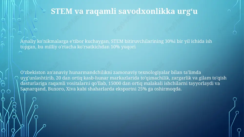 araganda ancha arzon bo'lib, yiliga 500 000 dan ortiq talabani jalb qiladi sovet davri qat'iyatliligi va zamonaviy pedagogik yondashuvlarni uyg'unlashtirgan tizim 200 dan ortiq oliy o'quv yurtlarida amaliy ko'nikmalarga va soha ahamiyatiga e'tibor qaratadi oʻzbekistonning rivojlanayotgan texnologiya va turizm sektorlariga moslashtirilgan ixtisoslashgan dasturlar universitetlarda koʻpaymoqda, bitiruvchilarni talab yuqori boʻlgan kasblar bilan taʼminlamoqda. davlatning tadbirkorlikni qoʻllab-quvvatlash tashabbuslari ham bunga yordam beradi amaliy ko'nikmalar va kasb-hunar ta'limi qadimgi an'analar zamonaviy pedagogika bilan uyg'unlashtirilgan o'zbekiston ta'lim tizimi buxoro va samarqanddagi madrasa tizimi kabi qadimiy an'analarni zamonaviy pedagogik yondashuvlar bilan uyg'unlashtirib, mamlakat bo'ylab 10 000 dan ortiq maktab va 300 000 ga yaqin o'qituvchini birlashtirib, klassik bilim va zamonaviy ko'nikmalarni birlashtiradi. sistema o'zbek, rus va ingliz tillarini o'z ichiga olgan ko'p tilli yondashuvga ega bo'lib, markaziy osiyo joylashuvi va global intilishlarni aks ettiradi ikki va ko'p tilli ta'lim tashabbuslari "til o'rganish" kabi davlat dasturlarini 300 dan ortiq ixtisoslashgan til markazi va 10 000 dan …