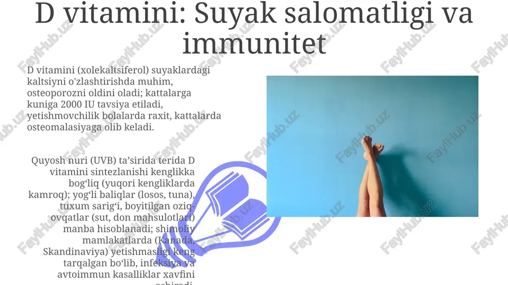 k suyagida qizil qon tanachalarining hosil bo'lishini qo'llab-quvvatlaydi; sog'lom ko'rish, teri va asab tizimi faoliyati uchun muhim; optimal energiya almashinuvi uchun boshqa b vitaminlari (b1, b3, b6) bilan o'zaro ta'sir qiladi; yuqori dozalarda siydikning sarg'ayishiga olib kelishi mumkin (zararsiz). pantotenik kislota (b5): gormon ishlab chiqarish koenzim a (coa), b5 dan olingan, 100 dan ortiq metabolik jarayonlar uchun muhim ahamiyatga ega. uglevod, oqsil va yog' metabolizmi uchun zarur bo'lib, hujayralar mitoxondriyalarida butun tanadagi 70 trillion hujayrada energiya darajasiga sezilarli ta'sir ko'rsatadi b5 vitamini teri sog'lig'iga (kollagen sinteziga), yara bitishiga va nerv funksiyasiga yordam beradi. mol, tovuq jigari, shiitake va portobello qo'ziqorinlari, avokado va shirin kartoshkalarda uchraydi – bir porsiyasi tarkibida 1-5 mg gacha bo'ladi (porsiya hajmi va tayyorlanishiga bog'liq) tiamin (b1): uglevod almashinuvi b1 vitaminining optimal miqdori yosh va jinsga bog'liq; kattalar uchun kuniga 1,1-1,2 mg tavsiya etiladi. nerv sistemasining, yurak va mushaklarning sog'lom ishlashini ta'minlaydi tiamin (b1), uglevod almashinuvida, xususan, …