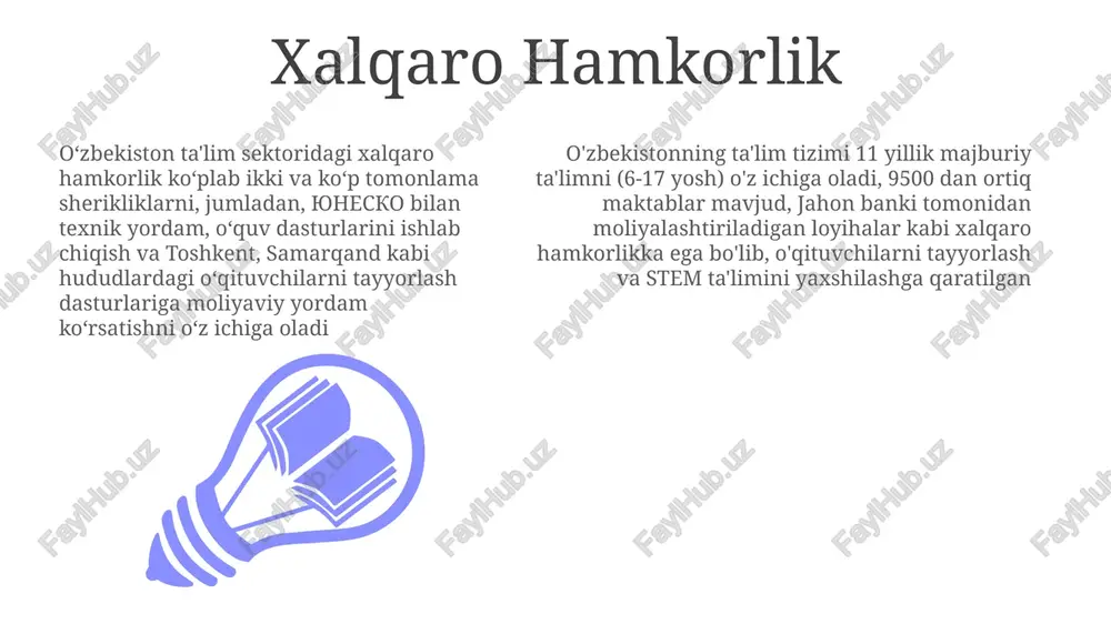 lari: o'quv dasturlarini isloh qilish (stemga yo'naltirish, xalqaro standartlarni qo'llash), o'qituvchilar malakasini oshirish (kembrij baholash xalqaro ta'limi kabi muassasalar bilan hamkorlik), va texnologiyalarni integratsiyalash (raqamli o'quv platformalari, onlayn resurslar) maktabgacha ta'lim viloyatlararo ta'lim resurslarining notekis taqsimlanishi, o'qituvchilarning past ish haqi (o'rtacha ≈200$/oy), standartlashtirilmagan baholash vositalarining yetishmasligi va qishloq hududlaridagi bolalarning (taxminan 30%) erta rivojlanish dasturlariga cheklangan kirishi kabi qiyinchiliklar mavjud toshkent, samarqand va boshqa yirik shaharlardagi xususiy bolalar bog'chalari (3000+) davlat ta'minotini to'ldirib, ikki tilli (o'zbek-rus/ingliz) dasturlarni o'z ichiga olgan turli xil o'quv dasturlarini taklif qiladi, ammo narxlari ancha yuqori bo'lib, kambag'al oilalar uchun imkoniyatni cheklaydi o'zbekistonning 9000 ga yaqin davlat maktabgacha ta'lim muassasasi (dmt) 3-6 yoshli taxminan 1,5 million bolani qamrab oladi, qoraqalpog'iston va surxondaryo kabi qishloq joylarida kirish imkoniyatlarida sezilarli hududiy farqlar mavjud e'tiboringiz uchun rahmat @taqdimot_robot image1.jpeg image2.jpeg image3.jpeg