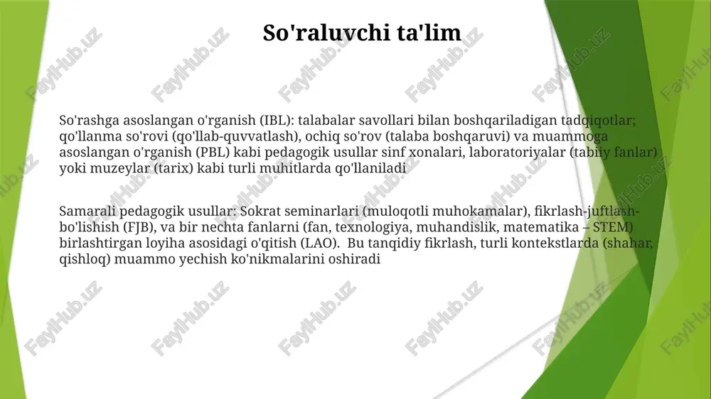 bir o'quvchining ehtiyojlari va sur'atiga qarab o'rganishni optimallashtiradi o'quv uslublari: so'rashga asoslangan o'qitish (5e modeli: jalb qilish, tadqiq qilish, tushuntirish, boyitish, baholash) fanlarda tanqidiy fikrlashni rivojlantiradi (masalan, nyu-york shahri 7-sinf). hamkorlikda o'rganish (masalan, jigso usuli) hamkorlik va muloqot ko'nikmalarini yaxshilaydi qo'llab-quvvatlash (bosqichma-bosqich yordam) zaif o'quvchilarga yetakchilik qiladi. namuna ko'rsatish (samarali strategiyani namoyish etish) kuzatish orqali o'rganishni yaxshilaydi. teskari aloqa (konstruktiv tanqid) o'quvchilarni yaxshilanishga yo'naltiradi. texnologiyalarni qo'llash (masalan, ta'lim ilovlari, simulyatsiyalar) jalb qilish va kirish imkoniyatini oshiradi (montana qishloq maktabi). o'qitishda o'yinlashtirish konstruktivizm (loyihalarda faol ishtirok orqali o'rganish), hamkorlikda o'rganish (guruhdagi vazifalar va musobaqalar) va shaxsiylashtirilgan o'rganish (tahlil vositalari yordamida turli geografik joylarda o'quvchilarning natijalariga asoslangan moslashuvchan qiyinchilik darajalari) kabi pedagogik usullar qo'llaniladi baholash orqali o'rganish kaliforniyadagi 5 ta o'rta maktabda (700 dan ortiq o'quvchi ishtirok etgan) hamkasblar va o'z-o'zini baholash strategiyasi (masalan, rubriklar, ro'yxatlar) ilmiy ko'rgazma va tarix prezentatsiyalari kabi hamkorlikdagi loyihalarda qo'llanildi londondagi 20 maktabda darslar davomida o'quvchilarning kasr …