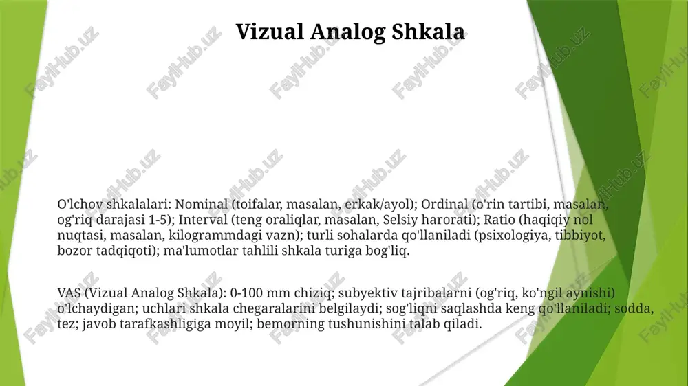 °c, 100°c farqi doimiy), iq ballari, standartlashtirilgan test natijalari (sat, act) semantik differentsial shkala o'lchov shkalalari ma'lumotlarni tasniflaydi: nominal (masalan, ranglarga raqamlar berish: 1=qizil, 2=ko'k), ordinal (afzalliklarni reytinglash: london marafonida 1, 2, 3-o'rin), intervalli (selsiyda harorat, farqlar muhim, ammo nisbatlar emas), va nisbatli (kilogrammdagi vazn; nol mutlaq yo'qlikni bildiradi) liker shkalalari (5 yoki 7 ballli shkala bo'yicha bayonotlarga rozilik/rozilikmaslikni o'lchaydigan – germaniyada iste'molchilar qoniqishini o'rganish so'rovlarda qo'llaniladi), t'yurstoun shkalalari, gutman shkalalari va semantik differentsial. ta'lim, sog'liqni saqlash va ijtimoiy fanlarda qo'llaniladi. semantik differentsial shkalalari (sds) ikki qutbli sifatlar shkalasi (masalan, yaxshi/yomon, kuchli/zaif) yordamida 7 yoki 5 ballli interval shkalalarida ma’no ko’rinishini o’lchaydi e'tiboringiz uchun rahmat @taqdimot_robot