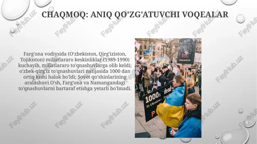 rga olib keldi, radikalizm va ekstremizmni kuchaytirdi, mintaqaviy xavfsizlik va xalqaro hamkorlikka tahdid soldi. xalqaro munosabat va aralashuv farg'ona vodiysidagi voqealarga (1990-2000-yillar) xalqaro munosabat asosan reaktiv bo'lib, gumanitar yordamga (masalan, bmt qochqinlar oliy komissarligi, xalqaro qizil xoch komiteti) va cheklangan terrorizmga qarshi kurash harakatlariga (masalan, aqshning o'zbekistonga ko'maklashuvi) qaratildi oqibatlari keng ko'lamli inson huquqlari buzilishi, ommaviy qochqinlar oqimi (asosan qo'shni mamlakatlarga) va uzoq muddatli mintaqaviy beqarorlik bo'ldi. andijon qirg'ini (2005) xalqaro qoralash, sanktsiyalar (asosan o'zbek amaldorlariga qarshi) va markaziy osiyoda inson huquqlari masalasiga qayta e'tibor qaratishni keltirib chiqardi millat tuyg'usi va o'zlikni anglash roli farg'ona vodiysidagi turli millatlar (o'zbeklar, qirg'izlar, tojiklar) orasida milliy ziddiyatlar kuchayib, 80-90 yillarda suv va yer kabi kam resurslar ustida keskinlashdi va o'sh voqeasi (1990) va farg'onadagi millatlararo to'qnashuvlar (1989, 1990, 1992) kabi zo'ravonliklarga olib keldi farg'ona vodiysining qishloq xo'jaligi unumdorligiga ta'sir etgan ommaviy ko'chish, keng tarqalgan inson huquqlari buzilishi va uzoq muddatli iqtisodiy zararlar oqibatlarga …