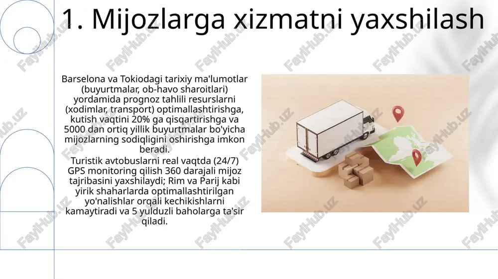 dasturi kunlik 300 sayyoh guruhi uchun sayohat vaqtini 12% ga qisqartiradi 7. operatsion xarajatlarni kamaytirish rimdagi 50 mehmonxonaga mo'ljallangan avtomatlashtirilgan inventar boshqaruv tizimi ta'minot zanjiri samaradorligini oshirib, xarid xarajatlarini 8% ga kamaytirdi va samarali zaxira nazorati va o'z vaqtida qayta buyurtma berish orqali yiliga 45 000 evro tejashga yordam berdi. kostarika ekoturlarining tarixiy buyurtma ma'lumotlaridan (3 yil, 10 000+ buyurtma) foydalangan prognoz tahlili san-xose shahrida ishchi kuchini 10% ga optimallashtirdi va mehnat xarajatlarini 12 000 dollarga kamaytirdi. 8. sayohat buyurtmalarini soddalashtirish 1 million+ o'tgan buyurtma naqshlarini tahlil qilib, 5 ta yirik sayyohlik maskanida (masalan, bali, nyu-york, tokio) cho'qqilarni bashorat qilish va resurslarni (xodimlar, transport) optimallashtirish orqali mijozlarga xizmat ko'rsatish va resurslarni boshqarishda 20% samaradorlik oshdi. yevropa shaharlaridagi (london, parij, rim) 300 dan ortiq aeroport transfer yo'nalishlarini tahlil qilishda gis xaritalash (masalan, arcgis, google maps platform) yordamida logistika optimallashtirildi, sayohat vaqti 15% ga, yoqilg'i sarfi 10% ga kamaytirildi va barqaror turizm …