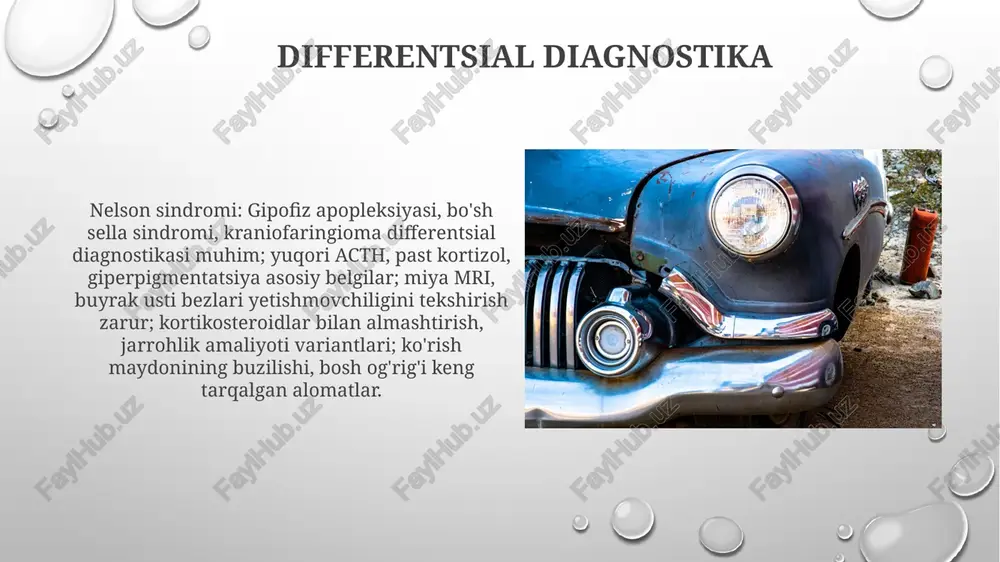 umkin. katta gipofiz adenomasidan optik xiazmaning siqilishini aniqlash uchun ko'rish maydonini tekshirish muhimdir diagnostika mezonlari giperpigmentatsiyaning boshqa sabablarini istisno qilish kerak. adrenalektomiyadan keyin acth darajasi yuqori bo'lishi kerak. gipofiz adenomasini aniqlash uchun tasvirlash usullari, xususan, yuqori aniqlikdagi mrg muhimdir (o'lchamlari turlicha bo'lishi mumkin). ba'zi bemorlarda prolaktin darajasi ham yuqori bo'lishi mumkin. operatsiyadan keyingi parvarish va kuzatuv keyingi uchrashuvlar muhim, dastlab 1-3 oy oralig'ida, bemor barqarorlashganda chastotasi kamayadi. har bir tashrifda nevrologik tekshiruvlar (masalan, bosh og'rig'i, ko'rish buzilishi) simptomlarining qaytalanishini aniqlash uchun zarur mumkin bo'lgan asoratlar (umrbod gormonlarni almashtirishni talab qiluvchi adrenal yetmovchilik va nelson sindromining qaytalanishi) doimiy nazoratni, ehtimol london, boston yoki nyu-yorkdagi ixtisoslashgan muassasalarga endokrinologga murojaat qilishni talab qiladi. elektrolit tahlillari orqali giponatremiya va giperkalemiya muntazam kuzatish muhim ahamiyatga ega etiologiyasi va patofiziologiyasi nelson sindromi etiologiyasi kuşing kasalligi uchun ikki tomonlama buyrak usti bezlarini olib tashlash bilan bog'liq bo'lib, bu gipofiz kortikotrop hujayralariga salbiy ta'sirni yo'qotishga, acth gipersekresiyasiga va …