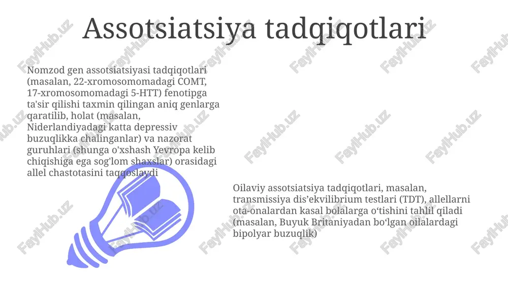 ridagi (gipokampus, amigdala) mrna darajalari o'lchanadi va bu ruhiy kasalliklarda (shizofreniya, depressiya) minglab genlar va yo'llarga (masalan, neyrotransmissiya, yallig'lanish) ta'sir etuvchi transkripsiyaning o'zgarishini aniqlaydi. oilashunoslik e'tiboringiz uchun rahmat @taqdimot_robot image1.jpeg image2.jpeg image3.jpeg
