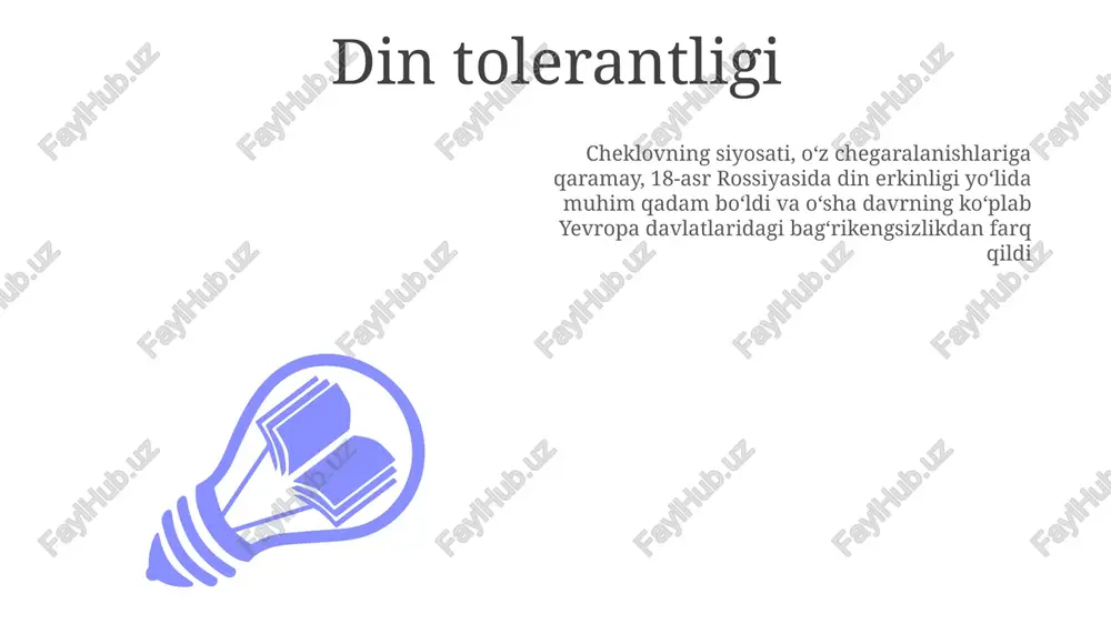 lantirishga (1755 yilda moskva universitetining ochilishi, uning hukmronligidan oldin bo'lsa-da, lekin mavjud tendentsiyalarni ko'rsatadi) hissa qo'shgan bo'lsa-da, yekaterina hukmronligi serfdomni mustahkamlab, sankt-peterburgdan sibirgacha keng hududlarda millionlab odamlarning erkinligini cheklab qo'ydi huquqiy islohotlar yekaterina ii ning huquqiy islohotlari monteskyo va bekkariya kabi ma'rifatparvarlar ta'sirida bo'lsa-da, rossiya huquq tizimini to'liq o'zgartira olmadi. kodifikatsiya jarayoni tugallanmadi; mavjud odat huquqi va zodagonlarning imtiyozlari asosan saqlanib qoldi viloyat islohotlari 50 guberniyani boshqaruvini soddalashtirish, samaradorlik va markazlashgan nazoratni ta'minlashga qaratilgan edi. sud islohotlari rejalashtirilgan bo'lsa-da, keng hududlarda amalga oshirishda jiddiy to'siqlarga duch keldi 1762-1796: yekaterina ii ning hukmronligi davrida rossiya imperiyasida qonunlarni kodifikatsiya qilish va ratsionalizatsiya qilishga qaratilgan muhim huquqiy islohotlar amalga oshirildi erta hayot va taxtaga chiqish ma'rifatli despot; 1767-yilgi yangi qonun kodeksini loyihalash kabi muhim huquqiy islohotlarni amalga oshirdi; rossiya ma'muriyatini modernizatsiya qildi; san'at va fan homiysi; ta'limni kengaytirdi; savdo va sanoat orqali iqtisodiy o'sishga e'tibor qaratdi; rossiya armiyasini mustahkamladi. 1729 yil 2 mayda, …