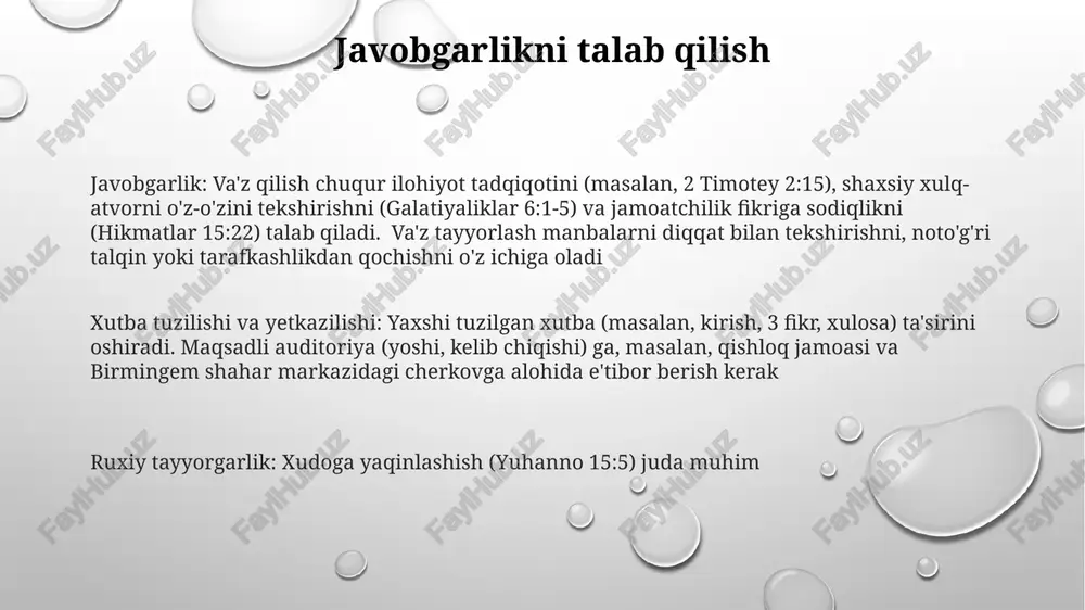 (masalan, gable xonimning sog'lig'i bilan bog'liq muammo) va jamoat a'zolarining qiyinchiliklarida xudoning ta'minoti va yo'l-yo'riqlariga e'tibor qaratildi matto 5:1-12 ga asoslangan, yaratilish, qutqarilish va o'zgarish kabi uchta asosiy fikr atrofida tuzilgan vaqtga moslashtirilgan (25 daqiqa, savollar bilan birga) xutba. eslatmalar 5 marta ko'rib chiqildi, samimiylik va ta'sirchanlik uchun duo qilindi namoz va meditatsiya meditatsiya texnikalari (10-20 minut): diqqatlilik mashqlari (masalan, nafasga, tanaga e'tibor qaratish); vizualizatsiya (masalan, ibodatxonada samarali va'z qilishni tasavvur qilish); tasdiqlar (masalan, "xudoning inoyati so'zlarimga kuch beradi", "men haqiqat va muhabbat bilan gapiraman") ruhiy o'qish/ta'lim (30-60 daqiqa): va'z matnini (masalan, yuhanno 3:16), tegishli diniy adabiyotlarni (masalan, avgustinning "iztirolari") qayta ko'rib chiqish, chuqurroq tushunishga intilish; betlaxam ibodatxonasida ta'sirli xabar uchun mavzular (masalan, muhabbat, inoyat, najot) bo'yicha fikrlarni kundalikka yozib borish. e'tiboringiz uchun rahmat @taqdimot_robot image1.png image2.png image3.png