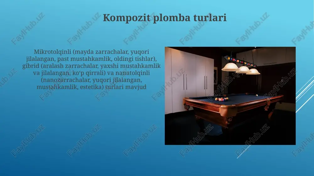 og'liq kompozit plomba haqida kirish kompozit plomba, resin asosidagi materiallar (masalan, 3m™ filtek™ z250, ivoclar vivadent tetric evoceram) tish teshiklarini to'ldiradi, old va orqa tishlarga qo'llaniladi, estetika va mustahkamlikni ta'minlaydi kompozit plombada organik polimer matritsa (bis-gma, udma), noorganik toʻldirgichlar (kvars, silika) va bogʻlovchi moddalar (silan) bor. rang moslashuvi estetika uchun muhim; vita rang qoʻllanmasi keng qoʻllaniladi. mumkin boʻlgan asoratlar: ikkilamchi karies, yoriqlar, aşınma, sezuvchanlik. nazorat uchun takroran tekshiruvlar tavsiya etiladi. mumkin bo'lgan asoratlar muolajmdan keyingi sezuvchanlik keng tarqalgan, polimerizatsiya qisqarishi yoki chekka muhrining toʻliq emasligiga bogʻliq. ogʻriq pulpa ochilishiga ishora qilishi mumkin. komponentlarga (masalan, metakrilatlarga) allergik reaksiyalar kam uchraydi, lekin boʻlishi mumkin yorug'lik bilan qattiqlashtirishdagi polimerizatsiya qisqarishi ichki stresslarni keltirib chiqarishi, bu esa mikro yoriqlarning tish-restavratsiya chegarasiga tarqalishiga va gingiva chegaralariga yaqin chegara yaxlitligini buzilishiga olib kelishi mumkin. qo'yish vaqtida yetarlicha izolyatsiya qilinmasligi (namlik aralashuvi) bog'lanish kuchini pasaytirib, chidamliligini buzadi stomatolog tanlash kompozit plomba (rezin asosidagi materiallar, masalan, bis-gma, udma …