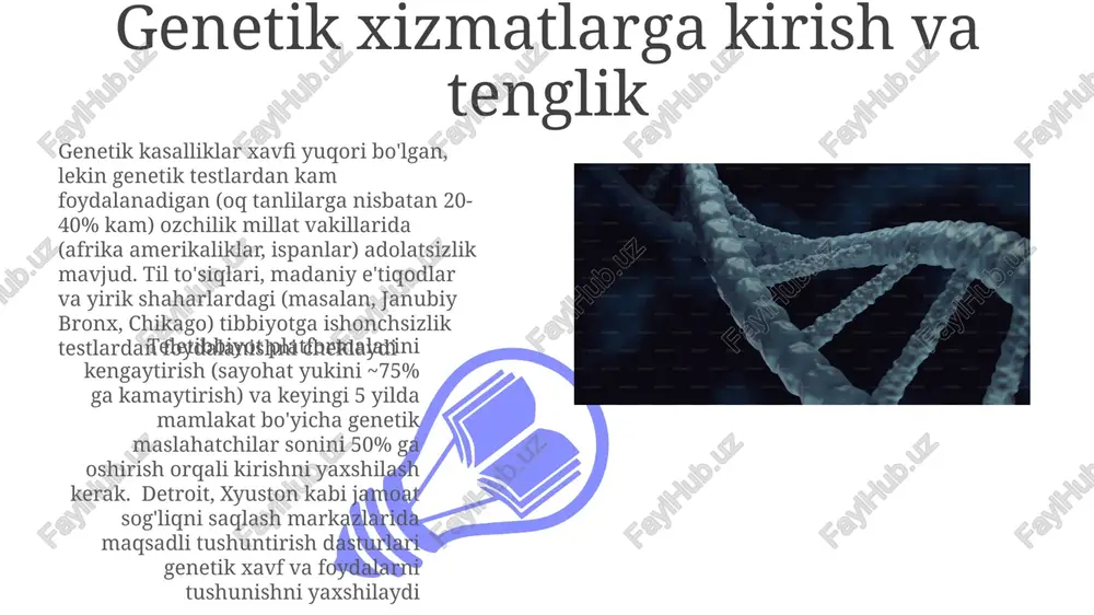 tekshiruvi samaradorlikni oshirish uchun ko'plab genlarni bir vaqtning o'zida tahlil qiladi. sog'liqni saqlash muassasalaridagi (kasalxonalar, klinikalar) genetik maslahatchilar turli ijtimoiy-iqtisodiy guruhlarga bemorlarni o'qitishni ta'minlaydi genetik tekshirish turli xalqlarda saraton xavfini oshiruvchi mutatsiyalarni (brca1/2, tp53 va boshqalar) taxminan 50-100 ta gendagi tekshiradi (ko'krak, tuxumdon, yo'g'on ichak va boshqalar). xizmatlarga maslahat, tekshirish va natijalarni talqin qilish kiradi, aqsh aholisining taxminan 5% ga yillik ta'sir ko'rsatadi yangi tug'ilgan chaqaloqlarni skrining dasturlari 01 02 jahon genetik skrining dasturlari (masalan, janubiy afrika va hindistondagi yangi tug'ilgan chaqaloqlarni tekshirish dasturlari) resurslar, infratuzilma va tibbiy xizmatga kirish imkoniyatining cheklanganligi bilan bog'liq muammolarga duch kelmoqda buyuk britaniyadagi (masalan, nhs england) aholini qamrab oluvchi genetik xizmatlar millionlab odamlarga irsiy saraton (ko'krak, yo'g'on ichak), yurak-qon tomir kasalliklari (familial giperxolesterinemiya) va irsiy metabolik kasalliklar bo'yicha genetik tekshiruv va maslahatlar beradi sales 1st qtr 2nd qtr 100 0 sales 1st qtr 2nd qtr 100 0 genetik xizmatlarning samaradorligi genetik tekshirishdagi axloqiy jihatlar …