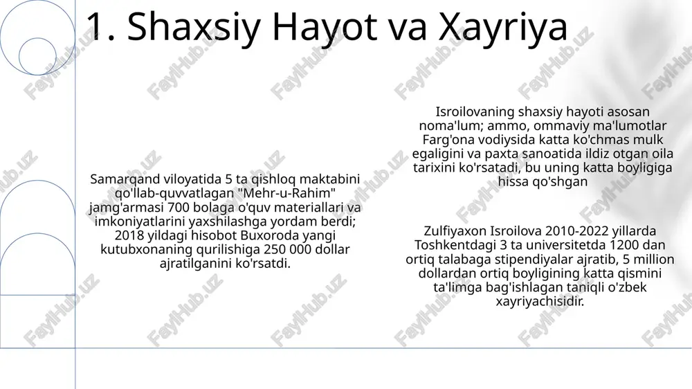 928 yilda toshkentda tug'ilgan; dastlab mahalliy maktablarda, keyinchalik esa toshkent davlat universitetining filologiya (o'zbek tili va adabiyoti) fakultetida tahsil olgan. o'zbekiston maktablarida o'zbek tili va adabiyoti o'qituvchisi (1950-60 yillar); "sharq yulduzi" kabi adabiy jurnallarga maqolalar yozgan. 6. bolalik va ta'lim ko'pgina mukofotlar, jumladan, o'zbek musiqa merosiga qo'shgan hissasi uchun milliy darajadagi e'tirof (aniq mukofot nomlari va yillari kerak). o'zbekiston bo'ylab (hududlarni aniqlashtirish kerak) keng ko'lamli dala tadqiqotlari, maqom an'analarining mintaqaviy farqlarini hujjatlashtirish mashhur musiqachilar (ism-shariflar kerak), xalqaro miqyosdagi institutlar (nomlari kerak) bilan hamkorlik. moddiy bo'lmagan madaniy merosni saqlash va targ'ib qilishga asosiy hissa qo'shish. o'zbekiston davlat konservatoriyasida o'qitish va mentorlik vazifalari, o'zbek musiqachilarining kelajak avlodini shakllantirish. 1991-2023: toshkentdagi o'zbekiston davlat konservatoriyasining maqom, ijro va ilmiy tadqiqotlar bo'yicha yetakchi musiqashunos va etnomusiqashunosi, ko'plab ilmiy maqola va kitoblar muallifi. 7. karyera yutuqlari isroilovaning badiiy uslubiga samarqand viloyati katta ta'sir ko'rsatgan, bu uning mahalliy manzaralar, me'morchilik (registon maydoni, bibi-xonim masjidi) va samarqandlik ayollarning …