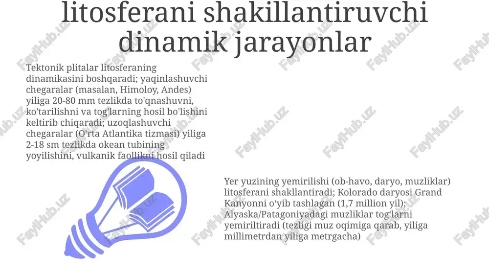 loy) yer po'sti tarkibi va xossalari yer sharining qattiq tashqi qobig'i (litosfera) 0-100 km qalinlikda bo'lib, yer qobig'i (okeanik: 5-10 km, kontinental: 30-70 km) va yuqori mantiyadan iborat zich zichlilik (materik uchun 2,7-3,3 g/sm³, okeanik uchun 2,9-3,0 g/sm³), elastiklik (yung moduli sezilarli darajada o'zgaradi) va mustahkamlik (harorat va bosimga bog'liq) fiziki xususiyatlarga kiradi. seysmik to'lqinlar litosfera orqali tarqalib, tomografiya kabi usullar yordamida uning tuzilishini ochib beradi litosfera va astenosfera (qisman eritilgan yuqori mantiya) o'zaro ta'siri litosfer plitalari tektonikasini boshqaradi. subduksiya (masalan, nazka plitasi janubiy amerika ostida) va okean tubining yoyilishi (o'rta atlantika tizmasi) kabi jarayonlar qit'alar va okean havzalarini qayta shakllantiradi litosfera plitalari va tektonika yerning litosferasi yettita katta (afrika, antarktida, yevroosiyo, hindiston-avstraliya, shimoliy amerika, tinch okeani, janubiy amerika) va ko'plab kichik tektonik plitalardan iborat; bu plitalar astenosfera ustida harakatlanib, zilzilalar (masalan, olovli halqa) va tog'-tizmalarning hosil bo'lishini (gimalaylar) keltirib chiqaradi jahon xaritasi tektonik plitalar chegaralarini yuqori seysmik va vulkanik …