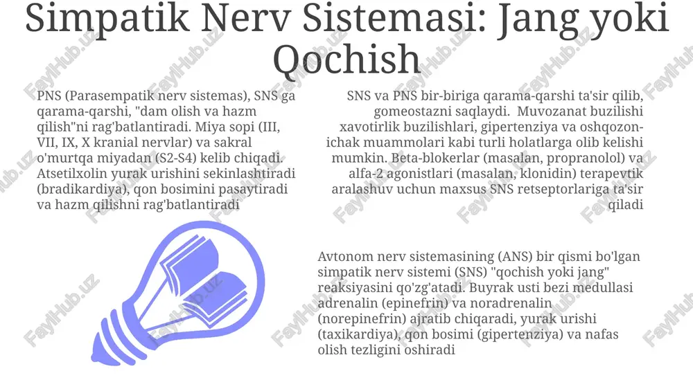 ori mezenterik kabi prevertebral ganglionlar) oldingi ganglion neyronlari ach ajratadi, ular maqsadli organlardan uzoqda joylashgan ikki sistema ham ikki neyronli yo'llarni ishlatadi; biroq, simpatik preganglion tolalari parasimpatik tolalarga qaraganda qisqaroq bo'lib, ganglionlar orqa miya yaqinroq joylashgan simpatik va parasimtomatik sistemalarni solishtirish simpatik (sns): jang yoki qochish; yurak urishi tezlashishi (100-160 ur/min), qon bosimi oshishi (120/80 dan 180/120 mm sim.ust.), bronxlarning kengayishi (o'pka); o'quvchi kengayishi (midriaz); buyrak usti bezi qobig'idan adrenalin ajralishi; ovqat hazm qilish faoliyatining susayishi (ovqat hazm qilish tizimi) sns va psns'ning qarama-qarshi ta'sirlaridan go'meostaz saqlanadi (masalan, yurak urishi tezligini tartibga solish). sns yurak urishini tezlashtirsa, psns sekinlashtiradi. sns ko'z o'ngini kengaytirsa, psns toraytiradi. muvozanat buzilishi kasalliklarga (masalan, snsning ortiqcha faoliyati natijasida gipertenziya) olib kelishi mumkin parasimpatık (psns): dam olish va hazm qilish; yurak urishi kamayishi (daqiqada 60-100 marta), qon bosimi (odatdagi darajada), bronxlarning torayishi (o'pka); ko'z qorachig'ining torayishi (mioz); hazm faoliyatining kuchayishi (ovqat hazm qilish tizimi, peristaltika); atsetilxolin …
