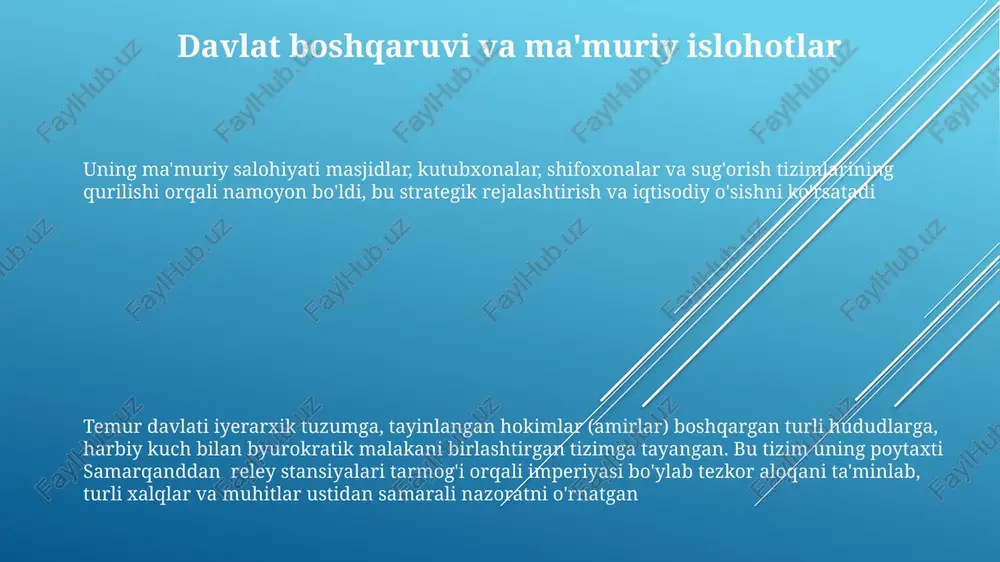 imur merosi haqidagi zamonaviy tarixiy rivoyatlar va geosiyosiy kontekstlarda baholashning murakkabligini ta'kidlaydi. uning markazlashgan boshqaruvi, murakkab huquqiy kodekslari (jumladan, turli mintaqalarda shariat qonunlarini joriy etish), va keng ko'lamli infratuzilma loyihalari (samarqandning me'moriy mo''jizalari va sug'orish tizimlari kabi) uning xilma-xil ko'p millatli imperiyani boshqarish qobiliyatini namoyish etadi. temur (1336-1405)ning eron, mesopotamiya, anadolu, kavkaz va rossiya hamda hindistonning ayrim qismlarini o'z ichiga olgan keng imperiyasi uning ajoyib ma'muriy va harbiy salohiyatini aks ettirib, shafqatsizligiga qaramasdan, zamonaviy qarashlarda uni buyuk davlat arbobi sifatida namoyon qiladi. yoshlik va hokimiyatga kelishi temur, taxminan 1336-yilda kesh (hozirgi shahrisabz, o'zbekiston)da tug'ilib, barlas qabilasida yuksalib, harbiy taktika va ittifoqlarni o'zlashtirib, keyingi yutuqlariga zamin yaratdi. 1360-yillarga kelib markaziy osiyoning katta qismini nazorat qilib, ulkan imperiyasi uchun poydevor qurdi. 1380-1390 yillarda uning kengayishi davom etib, kavkaz, hindiston (1398 yilda dehli sultonligi) va anadoluga (1402 yilda anqara yaqinida usmonli imperiyasi bilan to'qnash keldi) 1370-yilga kelib, temurning harbiy qudrati shubhasiz edi. u …