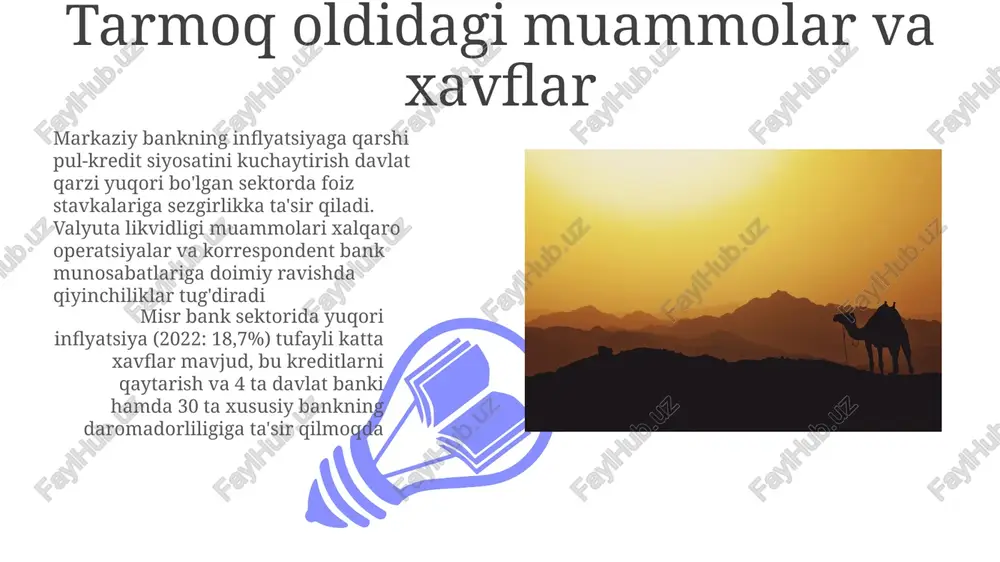 tebranishlari xavflar bo'lib qolmoqda misr markaziy banki (mmb) tarmoqni tartibga soladi, foiz stavkalari va pul-kredit siyosatiga ta'sir qiladi, kredit o'sishini (2022 yilda taxminan 15%) ta'minlaydi. muammoli kreditlar (mkl) 7% atrofida o'rtacha darajada qolmoqda asosiy ishtirokchilar va bozor ulushi misr bank sektorining 2023-yilda 300 milliard dollardan ortiq qiymatga ega bo'lib, kuchli o'sishini ko'rsatmoqda; 2023-yil 3-choragida tranzaksiya hajmi 12% ga oshdi kredit faoliyati va kredit o'sishi misr milliy banki (mmb) va misr banki, ikki yirik davlat banki, 2023 yilda umumiy kreditlashning 40%ini ta'minladi. kreditlarning qaytarilmasligi 3% dan past bo'lib, yuqori misrda 25% dan oshiq inflyatsiya ta'siriga qaramay, nisbatan barqaror kredit xavfini boshqarish amaliyotini ko'rsatadi. e'tiboringiz uchun rahmat @taqdimot_robot image4.jpg image5.jpg image6.jpg image7.jpg image8.jpg image9.jpg image10.jpg image11.jpg image12.jpg image13.jpg image14.jpg image1.jpeg image2.jpeg image3.jpeg