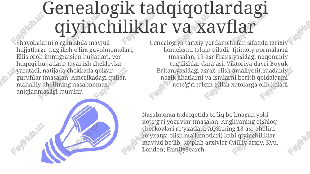 di asosiy manbalar: ularning ahamiyati genealogiya (oila daraxtlari, aqsh, buyuk britaniya va boshqa sudlardan vasiyatnomalar) shaxsiy hayot va avlodlar bo'ylab oila tuzilmalarini tushunishda foydali (masalan, 18-asr virjiniyasidan 21-asr kaliforniyasigacha bo'lgan naslni kuzatish), qo'llab-quvvatlovchi tarixiy fan hisoblanadi birlamchi manbalar (masalan, 12-asr baye tapsiri, 1776-yil mustaqillik deklaratsiyasi) tarixiy tadqiqotlar uchun ikkilamchi ma'lumotlardan farqli o'laroq, to'g'ridan-to'g'ri, birinchi qo'l dalillarini taqdim etadi boshlangʻich manbalarning ahamiyati tarixiy rekonstruktsiyada ularning oʻrnini bosish mumkin boʻlmagan rolini oʻzida mujassamlashtiradi. oila tarixiga iqtisodiy ta'sirlar oila tarixini (xvii-xxi asrlar) yer egaligi hujjatlari (masalan, domesday book, tuman yer kadastrlari), migratsiya yo'nalishlari (masalan, ellis oroli ro'yxatlari, aholini ro'yxatga olish ma'lumotlari) va kasb o'zgarishlari (masalan, sanoat inqilobining manchester yoki louelldagi oilaviy hunarmandchilikka ta'siri) orqali ijtimoiy-iqtisodiy tengsizlikni yoritish jahon savdosi va mustamlakachilik (masalan, transatlantik qul savdosi, sharqiy hindiston kompaniyasi) oila tarixlarini chuqur o'zgartirdi. plantatsiya yozuvlari, kema manifestlari va mustamlaka ma'muriy hujjatlarini tahlil qilish oilalarga ta'sir ko'rsatgan iqtisodiy ekspluatatsiya va majburiy ko'chirishni ko'rsatadi iqtisodiy tanazzullar …