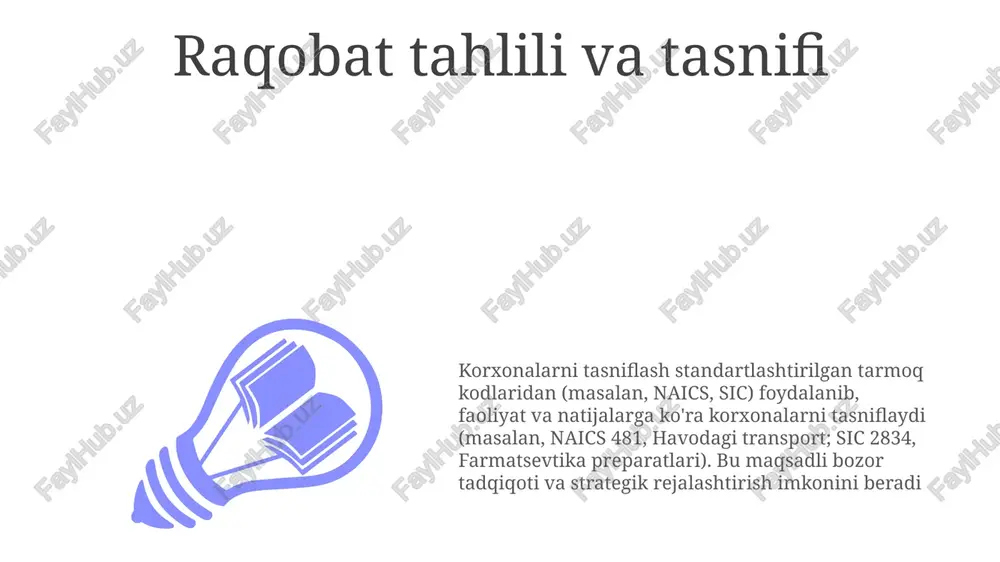 ssasalarni oʻz ichiga oladi. jahon sanoat tasnifi standarti (jsts) sic kodlari umumiy ko'rinishi shimoliy amerikada bizneslarni raqamlash orqali tasniflash (masalan, 2011: goʻsht qayta ishlash zavodlari, 7372: tayyor dasturiy taʼminot, 5941: ishlatilgan tovarlar doʻkonlari) uchun sic kodlari (standart sanoat tasnifi) iqtisodiy tahlil va maʼlumot yigʻish uchun standartlashtirilgan tizimni taqdim etadi 1990-yillarning oxirida sic dan naics (shimoliy amerika sanoat tasniflash tizimi) ga o'tish korxonalarni tasniflash uchun batafsilroq, yangilangan tizimni (6 xonali kodlar) taqdim etdi, aqsh aholini ro'yxatga olish byurosi kabi idoralar uchun xalqaro chegaralarda ma'lumotlarning aniqligini yaxshiladi sic kodlari orqali biznesni tasniflash statistik tahlilni, bozor tadqiqotlarini va tartibga solishga muvofiqlashtirishni osonlashtiradi. shifokorlar naics kodlarini tarmoqqa oid qoidalar (osha, epa), kredit olish (sba), bozor tadqiqoti (masalan, 482111, "erkaklar kiyimlari do'konlari"dagi raqobatchilarni aniqlash) va shimoliy amerikada davlat hisobotlari (aholi sanagi byurosi so'rovlari) uchun ishlatishadi. bu shtatlar/viloyatlar bo'yicha taqqoslash ma'lumotlarini olish imkonini beradi. iqtisodiy tahlil naics ma'lumotlariga juda bog'liq. vashington, otta va mexiko kabi joylardagi …
