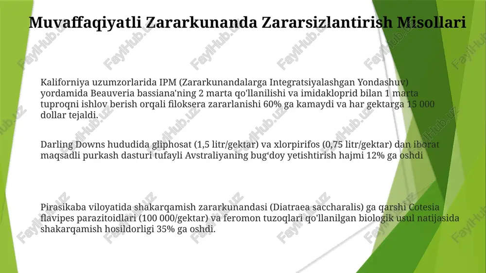 dunyoda fusarium solishi (fusarium oxysporum) kabi qo'ziqorin kasalliklari vayron qiladi. zararkunandalarga qarshi kompleks kurash (zqk) strategiyasi chidadigan navlarni (masalan, "mountain magic"), ekin almashlab ekishni (masalan, kaliforniya dalalarida dukkaklilar bilan) va biopreparatlarni (trichoderma spp biologik nazorat usullari qo'rg'oshin hashorotlar, masalan, turli xil qo'ng'izlar (coccinellidae) va dantelli qanotlilar (chrysopidae) o'simliklarga zarar yetkazuvchi shiralar (aphididae) va boshqa yumshoq tanli hashorotlarni samarali nazorat qiladi (masalan, yevropada brassica turlari; kaliforniyada solanum lycopersicum) bt bakteriyalari paxta (gossypium hirsutum), makkajo'xori (zea mays) kabi ekinlarga ta'sir qiluvchi hasharotlar (lepidoptera, coleoptera, diptera) uchun halokatli toksinlar ishlab chiqaradi; ba'zi hududlarda (masalan, aqsh va xitoyning ayrim qismlari) pestisidlar ishlatilishini 30-50% ga kamaytiradi trichogramma qo'ng'izlari (trichogrammatidae oilasi) ko'plab lepidoptera zararkunandalari (masalan, helicoverpa zea, spodoptera frugiperda) tuxumlariga parazit qilib, qit'alar bo'ylab (masalan, osiyo, afrika, janubiy amerika) asosiy ekinlarga (soya, glycine max; guruch, oryza sativa) zarar yetkazadi hasharot zararkunandalari va ularga qarshi kurash zararkunandalar (masalan, misisipi deltasidagi paxtada aphis gossypii va butun dunyodagi paxta …
