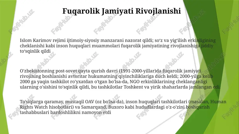 onotlariga qarshi alternativ fikrlar uchun imkoniyat yaratdi. biroq, hukumat nazorati va internet sensurasi davom etdi. xavflarga qaramay, fuqarolik jurnalistikasining yuksalishi, ayniqsa samarqand va buxoro kabi viloyatlarda ijtimoiy-siyosiy ongga ta'sir ko'rsatdi. oʻzbekistonning post-sovet qayta qurish davri (1991-hozirgi kungacha) ommaviy axborot vositalarida davlat nazoratidan xususiylashtirishga oʻtishni, ijtimoiy-siyosiy muhokamalarga taʼsirini koʻrsatdi. "oʻzbekiston milliy televideniyesi" kabi davlat kanallari va "pravda vostoka" kabi gazetalar dastlab hukumatga qulay boʻlgan voqealarni shakllantirishda ustunlik qildi 2000-yillarda toshkent va boshqa yirik shaharlarda internetdan foydalanish oshdi, ammo hukumatning so'z va matbuot erkinligiga cheklovlari sezilarli darajada saqlanib qoldi. mustaqil jurnalistlar tazyiq va qamoqqa olindi; hukumatni tanqid qiluvchi nashrlar ko'pincha bostirildi korrupsiya va homiylikning muammolari sudya va huquq-tartibot idoralarida, ayniqsa, keng tarqalgan poraxorlik huquq ustuvorligini buzdi. shaffoflik va javobgarlikning yetishmasligi jazosiz qolish muhitini yaratdi, bu xorijiy investitsiyalarga ta'sir ko'rsatdi va 5 milliard dollardan ortiq loyihalarni to'xtatdi iqtisodiy tengsizlik va siyosiy ishtirokning cheklanganligi tufayli yuzaga kelgan ijtimoiy-siyosiy beqarorlik korruptsiya uchun qulay sharoit yaratdi. …