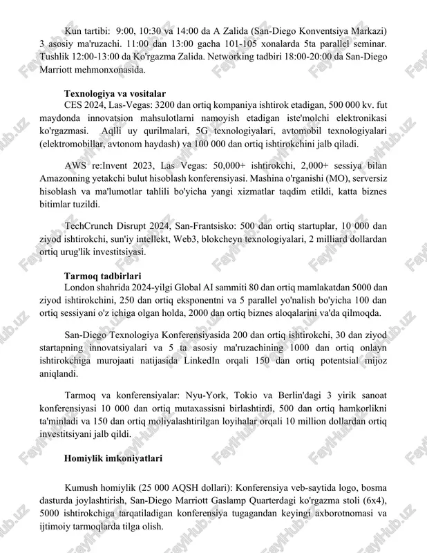 ma'ruzachi: sun'iy intellekt bo'yicha taniqli mutaxassis anya sharma doktori kun tartibi: 9:00, 10:30 va 14:00 da a zalida (san-diego konventsiya markazi) 3 asosiy ma'ruzachi. 11:00 dan 13:00 gacha 101-105 xonalarda 5ta parallel seminar. tushlik 12:00-13:00 da ko'rgazma zalida. networking tadbiri 18:00-20:00 da san-diego marriott mehmonxonasida. texnologiya va vositalar ces 2024, las-vegas: 3200 dan ortiq kompaniya ishtirok etadigan, 500 000 kv. fut maydonda innovatsion mahsulotlarni namoyish etadigan iste'molchi elektronikasi ko'rgazmasi. aqlli uy qurilmalari, 5g texnologiyalari, avtomobil texnologiyalari (elektromobillar, avtonom haydash) va 100 000 dan ortiq ishtirokchini jalb qiladi. aws re:invent 2023, las vegas: 50,000+ ishtirokchi, 2,000+ sessiya bilan amazonning yetakchi bulut hisoblash konferensiyasi. mashina o'rganishi (mo), serversiz hisoblash va ma'lumotlar tahlili bo'yicha yangi xizmatlar taqdim etildi, katta biznes bitimlar tuzildi. techcrunch disrupt 2024, san-frantsisko: 500 dan ortiq startuplar, 10 000 dan ziyod ishtirokchi, sun'iy intellekt, web3, blokcheyn texnologiyalari, 2 milliard dollardan ortiq urug'lik investitsiyasi. tarmoq tadbirlari london shahrida 2024-yilgi global ai …