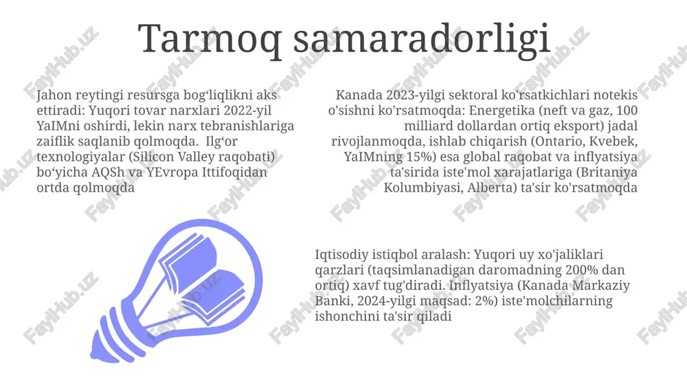 jahon boʻyicha 7-oʻrinda turib, taxminan 55 milliard aqsh dollariga teng toʻgʻridan-toʻgʻri xorijiy investitsiyalarni (ttxi) jalb qildi. asosiy investitsiyalar tabiiy resurslar (neft, gaz, konchilik) va texnologiya (toronto, vankuver) sohalariga yoʻnaltirildi. aqshdan kelgan katta hajmdagi ttxi uning iqtisodiyotini qoʻllab-quvvatlaydi. iqtisodiy istiqbol va muammolar yuqori davlat qarzi (1,2 trillion dollar, yaimning taxminan 45%), qarish aholisi (mehnat resurslari ishtirokiga va unumdorligiga ta'siri), iqlim o'zgarishiga moslashish xarajatlari va yashil iqtisodiyotga o'tish (uglerod soliqining oqibatlari), mintaqaviy iqtisodiy nomutanosibliklar (atlantika provinsiyalari va ontario/britaniya kolumbiyasi). kanada 2023 yildagi yaim o'sishi 1,2% (xalqaro valyuta fondi) deb prognoz qilinmoqda, inflyatsiya (iste'mol narxlari indeksi maqsadi 2,9%, 2022 yilda 7% dan oshgan), yuqori foiz stavkalari iste'mol xarajatlari va uy-joy bozoriga ta'sir ko'rsatmoqda (kanada bankining harakatlari) jahon iqtisodiyotida: eng yirik 10 ta iqtisodiyotdan biri, aqsh bilan sezilarli savdo (ikki tomonlama savdo ~800 mlrd dollar), osiyodagi diversifikatsiya harakatlari (masalan, cptpp a'zoligi), boy resurslarga ega mamlakat (neft qumlari, yog'och, minerallar), lekin tovar narxlari tebranishiga moyil …