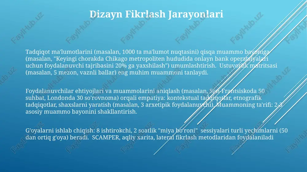 turlicha tahlil qilishga yordam beradi. scamper (o'zgartirish, birlashtirish, moslashtirish, o'zgartirish, boshqa maqsadlarda qo'llash, olib tashlash, teskari): yangi yechimlarni yaratishning tizimli usuli o'xshashlikli fikrlash va metaforalar analogiya va metafora orqali ijodiy fikrlashni rivojlantirish sistematik usullarni o'z ichiga oladi. nyu-yorkdagi murakkab muammoning ta'rifida va 12 ta potentsial yechimni yaratishda 4 xil analogiya (strukturaviy, funktsional, sirtqi, ramziy) qo'llaniladi metafora fikrlash tushunchalar oralig'ini ko'prik qilib bog'laydi; masalan, "biznes bog'dir" – parvarish, o'sish va hosilni anglatadi o'xshashlikli fikrlash turli tushunchalar (masalan, "shahar" – "tan", uning infratuzilmasi – qon aylanish tizimi) o'rtasidagi o'xshashlikdan foydalanib, yangi yechimlarni yaratishga yordam beradi yonbosh fikrlash mashqlari lateral fikrlash samaradorligi noaniqlikni qabul qilish, noaniqlikka toqat qilish va muqobil nuqtai nazarlarni faol izlashni (masalan, tokio uchun yangi transport tizimini loyihalashda turli geografik omillarni hisobga olish) o'z ichiga oladi yon tomonlama fikrlash mashqlari, masalan, "to'qqiz nuqta" muammosi (to'rtta to'g'ri chiziq bilan to'qqiz nuqta ulash, kvadrat chegarasidan chiqishni talab qiladi), taxminlarga qarshi chiqish orqali …