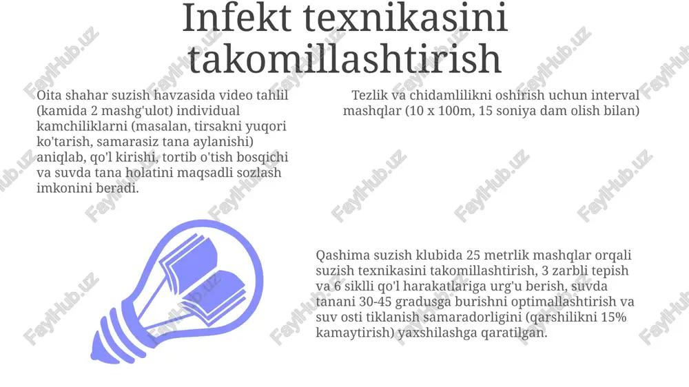 hq: 10-15 daqiqa faol tiklanish (yengil suzish, 200m erkin usulda 75% intensivlikda), so'ng 5-10 daqiqa asosiy mushak guruhlarini (yelka, keng orqa, son orqa) statsionar cho'zish (hovuz yonida yoki belgilangan joyda). suv ichish juda muhim (600 ml suv). sog'lomlanish strategiyasi yetarli uyqu (8 soat), muvozanatli ovqatlanish (oqsil va uglevodlarga e'tibor qaratish) va dam olish kunlarini ustuvor qilishni (boshlang'ichlar uchun haftada 1 kun, ilg'orlar uchun 2 kun) nazarda tutadi e'tiboringiz uchun rahmat @taqdimot_robot image1.jpeg image2.jpeg image3.jpeg