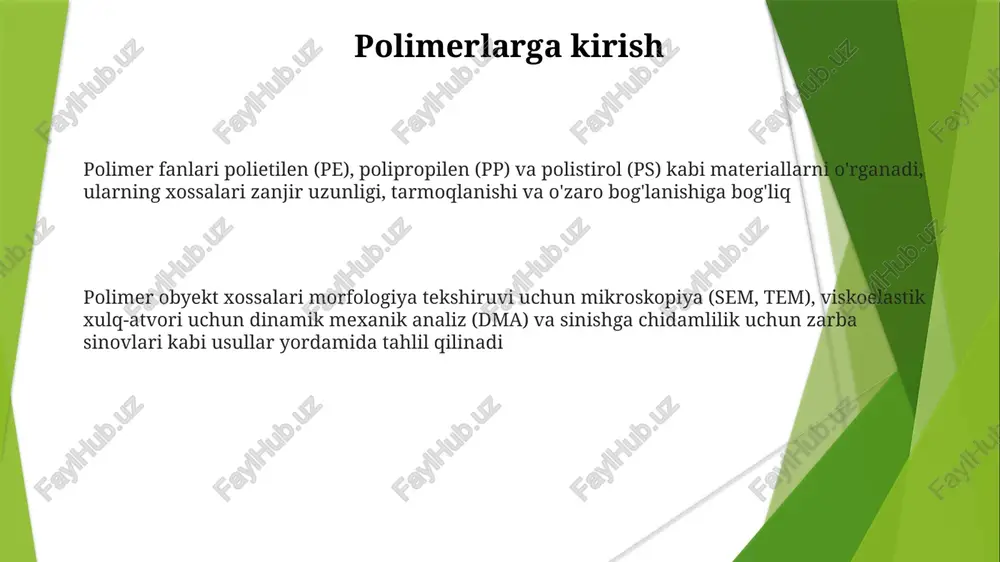 polimerlar uchun young moduli, taslim boʻlish kuchini, tortish kuchini va sinishdagi choʻzilishini oʻlchanadi. qattiqlik sinovi (shore durometri, astm d2240) bosimga qarshilikni aniqlaydi, yumshoq/qattiq polimerlar uchun mos ravishda shore a yoki d shkalasi qo'llaniladi va butun dunyo bo'ylab ishlab chiqarish joylarida (masalan, xitoydagi quyish zavodlari) sifat nazorati uchun sirt qattiqligining tezkor o'lchovini beradi mikroskopiya texnikalari atom kuch mikroskopiyasi (afm) polimer topografiyasi, elastikligi (yung moduli) va yopishqoqlik kuchlarini nanoskala o'lchovdagi tasvirini (amplitudasi, faza, tebranish rejimlari) beradi. nazorat qilinadigan muhitda yupqa plyonka kabi namunada afm xarakteristikasi miqdoriy mexanik xususiyatlar ma'lumotlarini beradi. 10-100 kv kuchlanishli skanerlovchi elektron mikroskopiya (sem) polietilen (pe) yoki polikarbonat (pc) kabi polimerlarning sirt morfologiyasi va elementar tarkibini (eds) yoritib beradi; singan yuzalar yoki chegaralar kabi joylardagi nanometr darajasidagi detallarni aniqlaydi. yuqori voltli (masalan, 200 kv) transmissiyalar elektron mikroskopiyasi (tem) laboratoriya sharoitida tanlangan maydon elektron difraksiyasi (saed) kabi texnikalar yordamida polimer kristall tuzilmasini (lamella oralig'i), polimer zanjirining yo'nalishini va aralashmalardagi (masalan, …