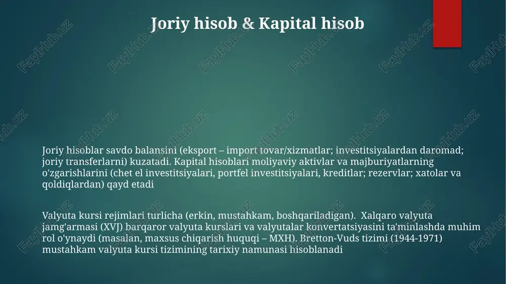 xarid qobiliyati tengligi (xqt) turli mamlakatlardagi tovarlar narxini taqqoslaydi; big mac indeksi bunga misol bo'lib, valyuta kurslarining xqtdan chetga chiqishini ko'rsatadi, masalan, aqshda 5 dollarlik big mac va yaponiyada 500 yenlik big mac 2024-yilda yening dollarga nisbatan past baholanishini bildiradi xalqaro valyuta munosabatlari kurs rejimlarini o'z ichiga oladi: qattiq (masalan, daniya kronasi yevroga bog'langan), suzuvchi (masalan, aqsh dollari, yevro, britaniya funti) yoki boshqariladigan suzuvchi (xitoy yuani). angliya banki funt sterling bozorlariga aralashib, kurslarga ta'sir qiladi kursning o'zgarmasligi bretton-vuds tizimi (1944-1971) kabi qat'iy almashinuv kurslari valyutalarni aqsh dollari (usd) ga bog'lab, xalqaro valyuta munosabatlariga ta'sir ko'rsatdi. devalvatsiya/revalvatsiya sozlamalari kamdan-kam hollarda amalga oshirilgan bo'lib, savdo balanslari va kapital oqimlariga sezilarli ta'sir ko'rsatgan. misollar: 1 usd = 4 erkin valyuta kursi rejimida (1971-yildan keyin) xalqaro valyuta munosabatlari beqarorligi kuchaygan. bozor talab va taklifiga bog'liq valyuta kurslari (masalan, eur/usd, gbp/usd, usd/jpy) xalqaro savdo raqobatbardoshligiga ta'sir qiladi valyuta kursi rejimlari qattiq bog'langanlardan (masalan, karib dengizi …