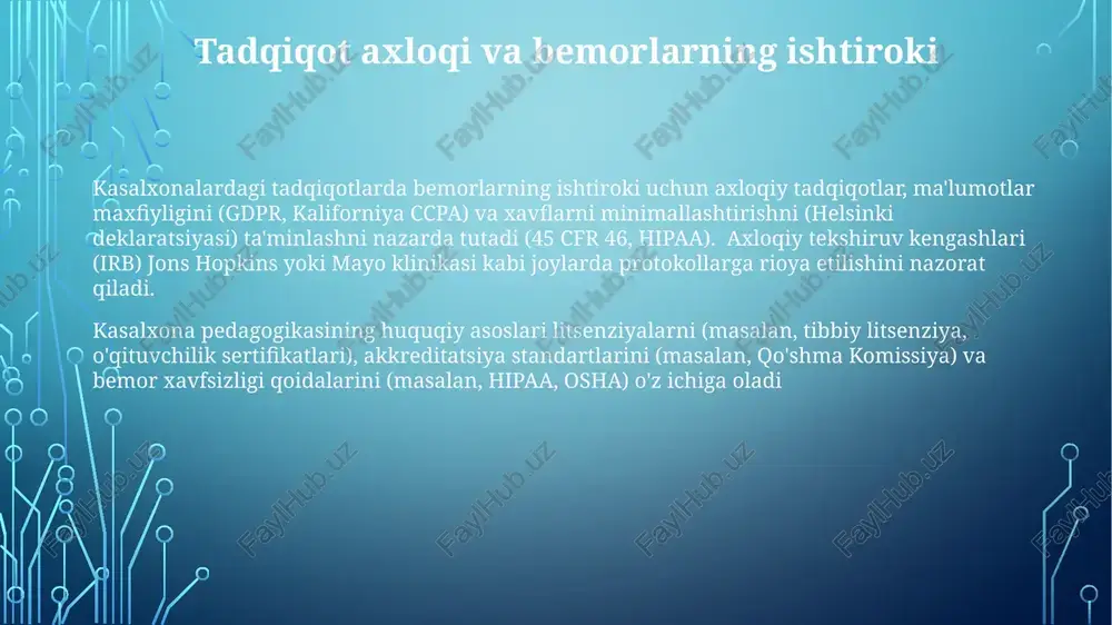 york shtatining hamshira-praktikanti qoidalari), federal qoidalaridan (masalan, medicarening ishtirok shartlari) va turli hududlarda ehtiyotsizlik va xabardorlikka rozilikning odatiy huquqiy tamoyillaridan (masalan, texasdagi tibbiy xatolikka oid sud ishlari) kelib chiqadi axloqiy masalalar (masalan, ama tibbiyot axloqi kodeksiga muvofiq xabardor rozilik) huquqiy jihatlar bilan chambarchas bog'liq. tibbiy xatolikka oid sud qarorlari (masalan, massachusets shtatidagi o'quv shifoxonalariga ta'sir ko'rsatgan ishlar) huquqiy chegaralarni aniqlaydi kasalxona pedagogikasining huquqiy doirasida bemorlarni o'qitish (42 cfr §482.22), hipaa (45 cfr 160 va 164-qismlar) aqsh kasalxonalaridagi o'quv muhitlarida bemorlarning maxfiyligini himoya qiladi. yetarlicha bemorni o'qitishning etishmasligi zarar yetkazsa (masalan, kaliforniyada dori-darmon qabul qilishda), beparvolik uchun javobgarlik qo'llaniladi. talaba tartibi va intizomiy choralar kasalxonalarda o'qiydigan talabalarga nisbatan davlat qonunlari va muassasalar siyosati (masalan, pensilvaniya universitetining 2023 yildagi intizomiy kodeksi) asosida ogohlantirishdan haydalgacha intizomiy choralar qo'llaniladi kasalxona pedagogikasining huquqiy asoslari akkreditatsiya standartlariga (masalan, qo'shma komissiya), talabalar nazorati nisbatlariga (tibbiyot talabalari uchun 1:4, hamshiralik talabalari uchun 1:2) va hipaa qoidalariga (odatiy o'quv …