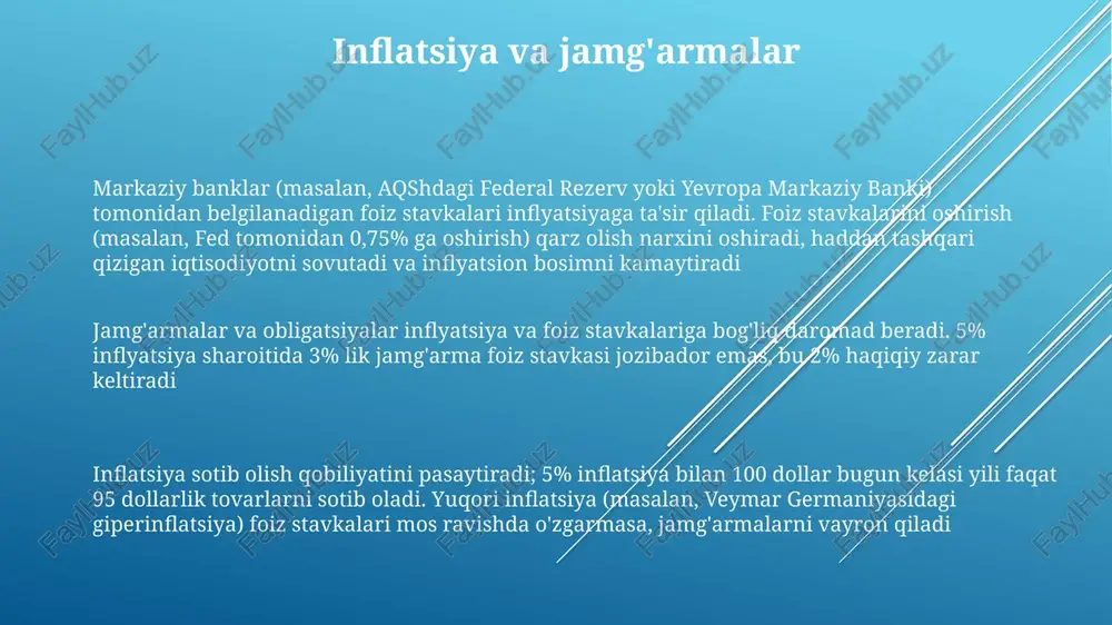 hon iqtisodiyotining holatiga (masalan, xitoyning o'sishining tovar narxlariga ta'siri) va iste'molchilar hamda korxonalarning foiz stavkalari o'zgarishiga javob berish tezligiga (masalan, turli sohalarda talabning turlicha elastikligiga) bog'liq foiz stavkalari: asosiy tushunchalar inflatsiya bilan foiz stavkalari o'rtasida teskari bog'liqlik (fillis egri chizig'i) mavjud: yuqori inflatsiya odatda yuqori foiz stavkalariga (pul-kredit siyosatini qattiqlashtirish), past inflatsiya esa past foiz stavkalariga (pul-kredit siyosatini yumshatish) olib keladi yuqori foiz stavkalari (masalan, 5% ga oshish) qarz olish xarajatlarini oshirib, iste'mol xarajatlari va biznes investitsiyalarini kamaytiradi (yaim o'sish sur'atlariga ta'sir qiladi), natijada talabga bog'liq inflyatsiyani pasaytiradi foiz stavkalari va iqtisodiy o'sish inflatsiya va investitsiya qarorlari yuqori inflyatsiya (masalan, argentinada 10%, peso qiymatiga ta'sir qiladi) markaziy bankning pul-kredit siyosatiga (masalan, angliya banki asosiy stavkani oshirdi) to'g'ridan-to'g'ri ta'sir qiladi inflatsiya (masalan, aqshda 8%, germaniyada 5% iste'mol narxlari indeksı) sotib olish qobiliyatini pasaytirib, investitsiya daromadlariga ta'sir qiladi. yuqori inflatsiya haqiqiy daromadni saqlab qolish uchun nominal foiz stavkalarining oshishini (masalan, federal rezerv …