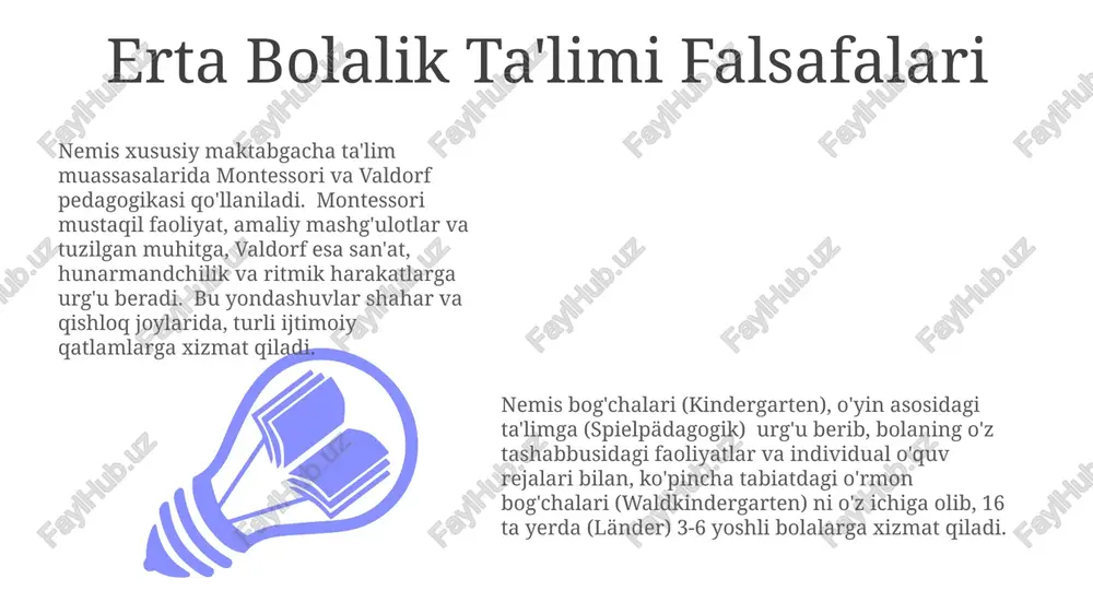 federal shtatda har xil, lekin standartlashtirilmagan baholashga asoslangan holda, rivojlanish bosqichlarini (motor, til, ijtimoiy-emotsional) kuzatishga qaratiladi. shaxsiy portfellar, o'qituvchilar baholari va ota-onalar fikri hisobga olinadi maktabgacha ta'lim muassasasi (6 yosh atrofida) bitiruvchilari uchun o'tish suhbatlari (o'tish uchrashuvlari) maktabga joylashtirish to'g'risida xulosalar chiqarish uchun muhim baholarni beradi e'tiboringiz uchun rahmat @taqdimot_robot image1.jpeg image2.jpeg image3.jpeg