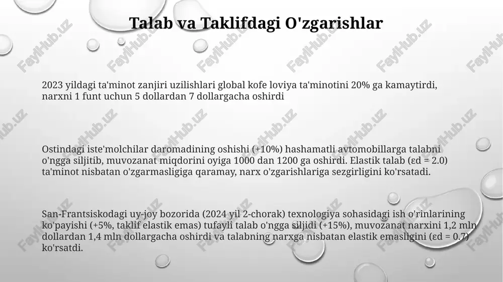 alab egrisi talab egri chizig'i nyu-york shahri ko'chmas mulk bozori kabi bozorda narx (masalan, 10$-50$/birlik) va talab qilingan miqdor (masalan, 1000-100 birlik) o'rtasidagi teskari bog'liqlikni grafik ravishda aks ettiradi; omillar (daromat, iste'molchilarning didi) ta'sirida siljiydi. ta'minot egri chizig'i narx va ta'min qilingan miqdor o'rtasidagi to'g'ridan-to'g'ri bog'liqlikni ko'rsatadi (masalan, 10-50$ da 500-2000 dona); bozor ta'minoti alohida firmalarning ta'minotini jamlaydi; ishlab chiqarish xarajatlari (masalan, kaliforniyada transport xarajatlariga ta'sir qiluvchi neft narxlari) va texnologiyalar asosida siljiydi. ta'minlangan talab ta'rifi talab: nyu-york shahrida x tovarining 20 000 dona mahsulotga bo'lgan iste'molchi ehtiyoji (10$/dona); narx elastikligi -0.5; daromad elastikligi +1.2; mavsumiy omillar (masalan, rojdestvo savdo o'sishi) ta'sirida. nyu york shahrida x tovarining narxi 8$/birlikda barqarorlashib, talab va taklif (18 000 birlik) shu narxda mos keladi; 7$da tanqislik, 9$da ortiqcha; muvozanat davlat tartibga solishi (masalan, 1$ soliq) bilan ta'sirlanadi. taklif: nyu-york shahrida ishlab chiqaruvchilar x tovarining 15 000 birligini 10$/birlik narxda taklif qilishga tayyor; o'rtacha ishlab …