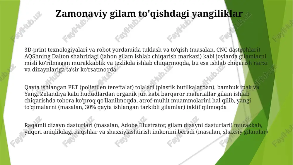 ikka ta'sir qiladi yakuniy jarayonlarga tukni tekislash, yuvish (masalan, turkiya yoki hindiston kabi hududlardagi ixtisoslashgan korxonalarda) va ba'zan to'qishdan keyin bo'yash kiradi. tayyor mahsulotning qiymati material sifati, tugun zichligi, naqsh murakkabligi va to'quvchining mahoratiga (ko'plab to'qish jamoalarida avloddan-avlodga o'tib kelgan) bog'liq. to'qima iplari (odatda kvadrat metrga 2000-3000 dona) maxsus naqsh (masalan, simmetrik yoki assimetrik)da to'quv dastgohiga (masalan, fors vertikal to'quv dastgohi yoki zamonaviy elektr to'quv dastgohi) tortilib, asos yaratiladi to'quv dastgohi: jarayonning yuragi qorako'l (markaziy osiyo) yoki tibet zotlari qo'ylari junlari, xitoy yoki hindiston ipaklar, misr paxta tolalari asosiy materiallar hisoblanadi. tabiiy yoki sintetik bo'yoqlardan foydalanib bo'yash ranglarning yorqinligida muhim rol o'ynaydi toquv dastgohidagi uzun ipliklar (vertikal) ramka ustida qattiq tortiladi; en ipliklari (gorizontal) kema yordamida o'rib, naqsh va dizaynlardan — oddiy geometrik naqshlardan murakkab sahnalargacha — ko'pincha fors miniatyuralari, mughal san'ati yoki hatto mintaqaviy folkloridan olingan murakkab naqshlar yaratiladi gilamni asrash va tiklash qadimgi gilamlarni tiklash vakuum tozalash, shampunlash …
