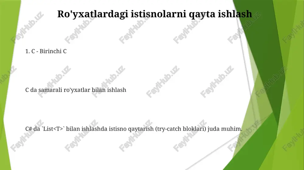 n `binarysearch()`)ni o'z ichiga oladi. `indexof()`, `lastindexof()`, `contains()` kabi metodlar ro'yxat ichida elementlarni topishga yordam beradi. elementlarga kirishda xatoliklarni qayta ishlash (masalan, `argumentoutofrangeexception`) juda muhim c ro'yxatni saralash `list .sort()` dan foydalanib, taqqoslash mantig'idan foydalanadi; ichki qismida tezkor saralash (quicksort) yoki birlashtiruvchi saralash (mergesort) algoritmlari qo'llaniladi. maxsus tiplar uchun saralash mezonlarini belgilash uchun `icomparer ` yoki `icomparable ` ni amalga oshirish kerak ro'yxatlarga kirish c da ro'yxatlarni manipulyatsiya qilish koʻp usullarni oʻz ichiga oladi: addrange() bir nechta element qoʻshadi (masalan, mavjud roʻyxatga {4,5,6} massivini qoʻshish), removeat(2) 2-indeksdagi elementni oʻchiradi, clear() barcha elementlarni oʻchiradi. elementlarni topish indexof("apple") (topilmasa -1 qaytaradi), contains("banana") (rost/ yolgʻon) kabi usullar yordamida amalga oshiriladi mijozlar ro'yxati (list ): qo'shish, o'chirish, takrorlash, elementga kirish. xotira avtomatik boshqariladi. ro'yxatlar bilan linq dan foydalanish linq ni `list ` metodlar bilan birlashtirish ma'lumotlarni qayta ishlashda moslashuvchan yondashuvni ta'minlaydi. linq (language integrated query) c#ni qudratlantiradi. ro'yxat elementlarini bevosita boshqarish uchun `add()`, `removeat()`, …
