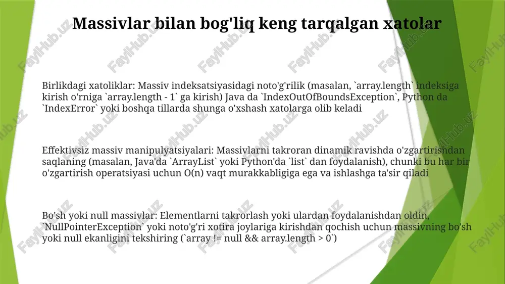 ncha elementlarga kirish uchun takrorlanuvchi o'tishni (masalan, c++ da `for` tsiklari, javascript da `foreach`) o'z ichiga oladi. ko'p o'lchovli massivlar matritsadagi elementlarni qayta ishlash uchun (masalan, matlab da rasmni qayta ishlash) uyali tsikllarni talab qiladi massivlarni qayta ishlash metodlar (python'dagi `numpy.append()`, `numpy.insert()`, java'dagi `system.arraycopy()`, javascript'dagi `splice()`) elementlarni qo'shish, o'chirish yoki aniq indekslarga (0, 5 yoki uzunlik-1) joylashtirish imkonini beradi. hajmini o'zgartirish (masalan, c++ da kattaroq massivlar uchun xotirani qayta ajratish) samaradorlikka ta'sir qiladi massivlardan elementlarni o'chirish `pop()`, `shift()`, `unshift()` kabi metodlar massiv tuzilmasini to'g'ridan-to'g'ri o'zgartiradi. masalan, saralangan massivdan bir nechta elementni olib tashlash (masalan, 20 elementli massivdan juft sonlarni olib tashlash) qayta tuzilishni talab qiladi va keyingi elementlarga kirishga ta'sir qiladi xotirada massivdan ma'lum elementlarni olib tashlash uchun samarali algoritmlar (masalan, ikki ko'rsatkichli) kerak bo'lishi mumkin. massivlarni filtrlash (masalan, c da 50 elementli butun sonlar massivdan manfiy sonlarni sikl yordamida olib tashlash) faqat kerakli elementlarni o'z ichiga olgan yangi massiv …