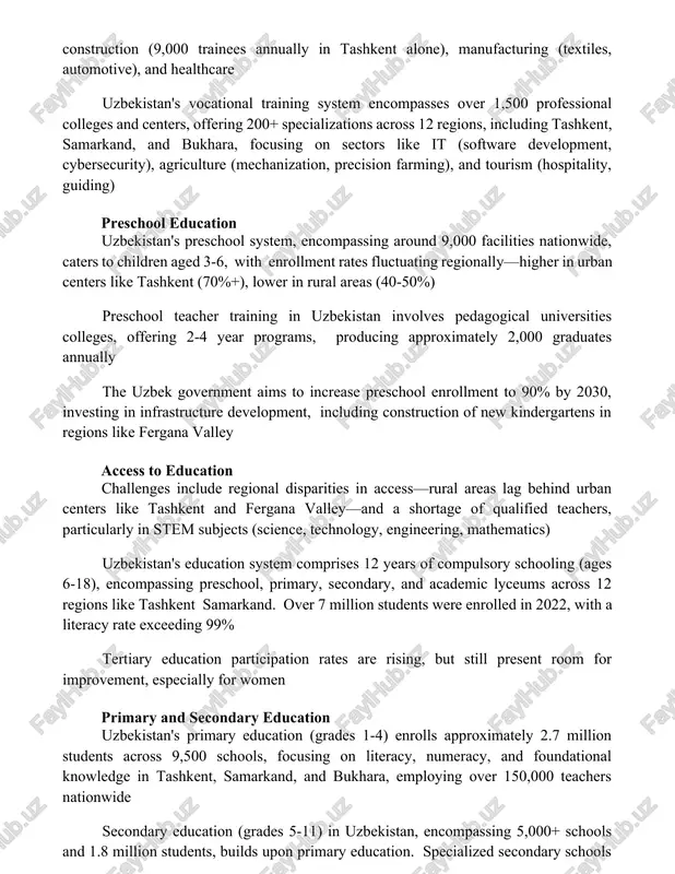 de, caters to children aged 3-6, with enrollment rates fluctuating regionally—higher in urban centers like tashkent (70%+), lower in rural areas (40-50%) preschool teacher training in uzbekistan involves pedagogical universities colleges, offering 2-4 year programs, producing approximately 2,000 graduates annually the uzbek government aims to increase preschool enrollment to 90% by 2030, investing in infrastructure development, including construction of new kindergartens in regions like fergana valley access to education challenges include regional disparities in access—rural areas lag behind urban centers like tashkent and fergana valley—and a shortage of qualified teachers, particularly in stem subjects (science, technology, engineering, mathematics) uzbekistan's education system comprises 12 years of compulsory schooling (ages 6-18), encompassing preschool, primary, secondary, and academic lyceums across 12 regions like tashkent samarkand. over 7 million students were enrolled in 2022, with a literacy rate exceeding 99% tertiary education participation rates are rising, but still present room for improvement, especially for …